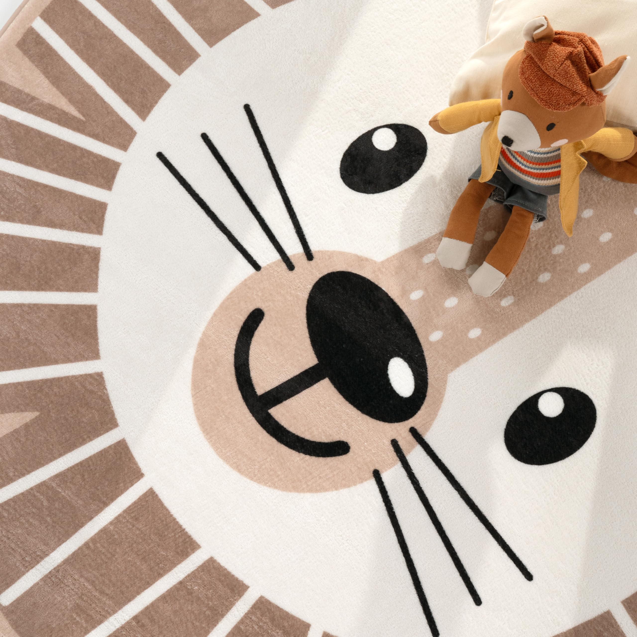 Paco Home Kinderteppich Teppich Kinderzimmer Rund Spielmatte Babymatte rutschfest Modern Mond Koala Löwenkopf, Grösse:150 cm Rund, Farbe:Beige