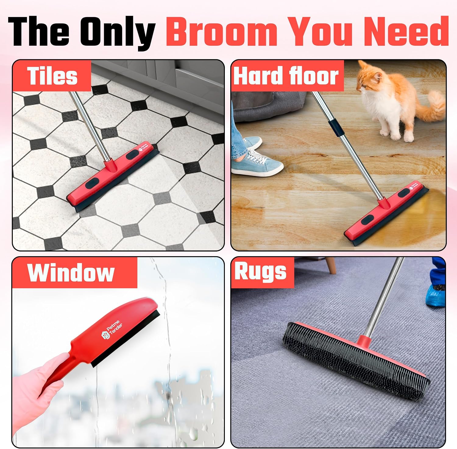Hybrid Dog Pet Hair Removal Broom with Squeegee – Adjustable Handle Rubber Broom for Pet, Hardwood Floors, Tile, & Liquid-Dirt with 2 Portable Hair Brushes & Cloth