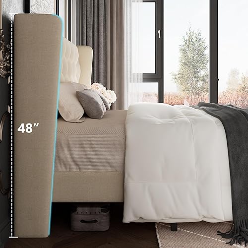 Miniatura 5 de Marco de Cama Tamaño Queen con Cabecera Tapizada con Botones Capitoné, Marco de Cama Plataforma con Soportes de Base Resistentes, Sin Ruido, No