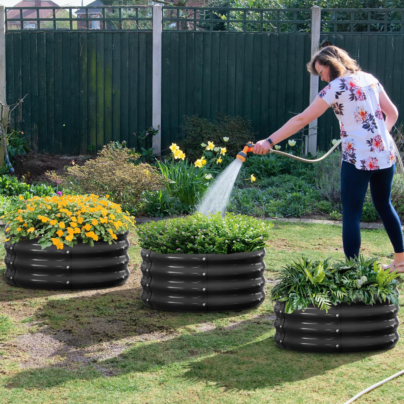 UrGROWA 3 Pcs 2x2x1ft Round Galvanized Raised Garden Bed Kit with Tomato Cages, Metal Planter Box Outdoor Raised Garden Beds for Gardening Vegetables Flowers, Black