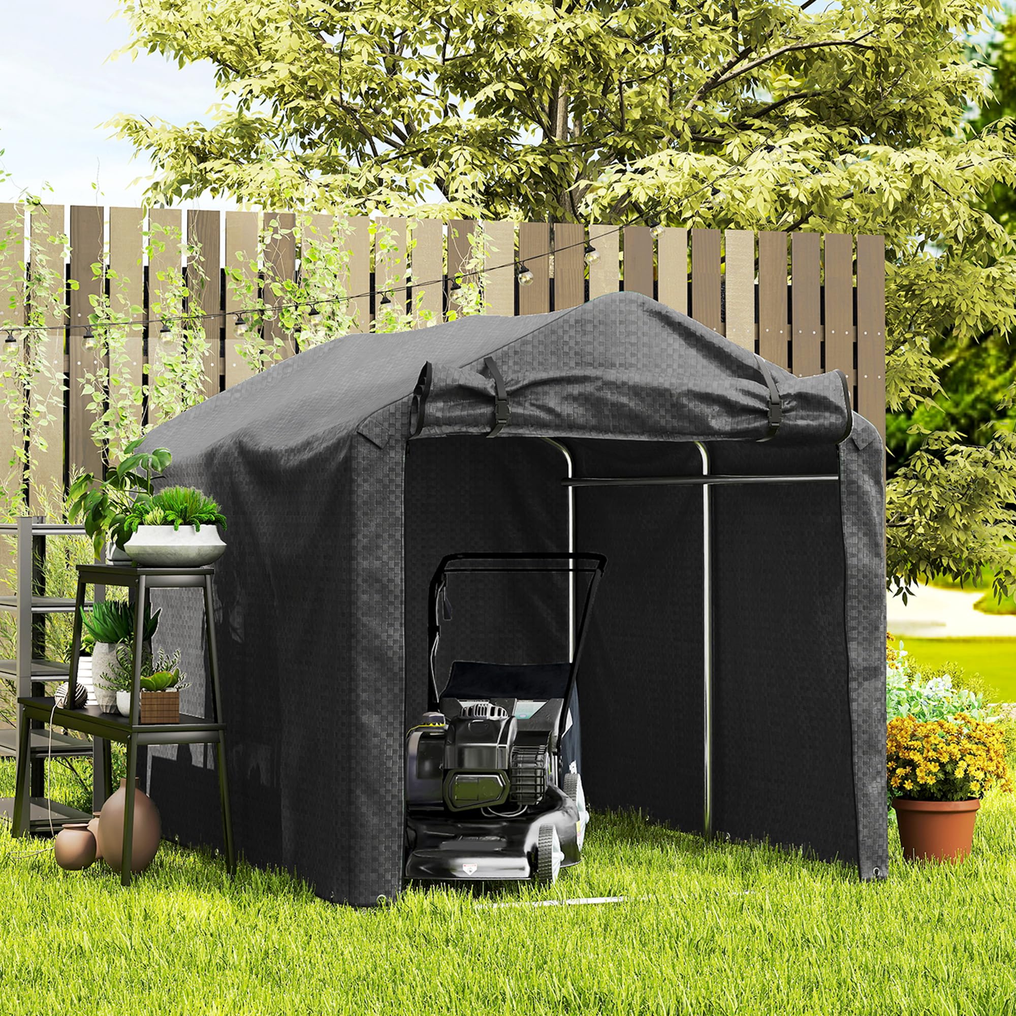 Outsunny Garagenzelt Wasserdicht mit Rolltür 220 x 157 x 165 cm Schwarz | UV-beständig, Fahrradabdeckung, Gerätehaus, Gerätezelt, Foliengerätehaus, Fahradgarage, Garage Für Aufsitzmäher