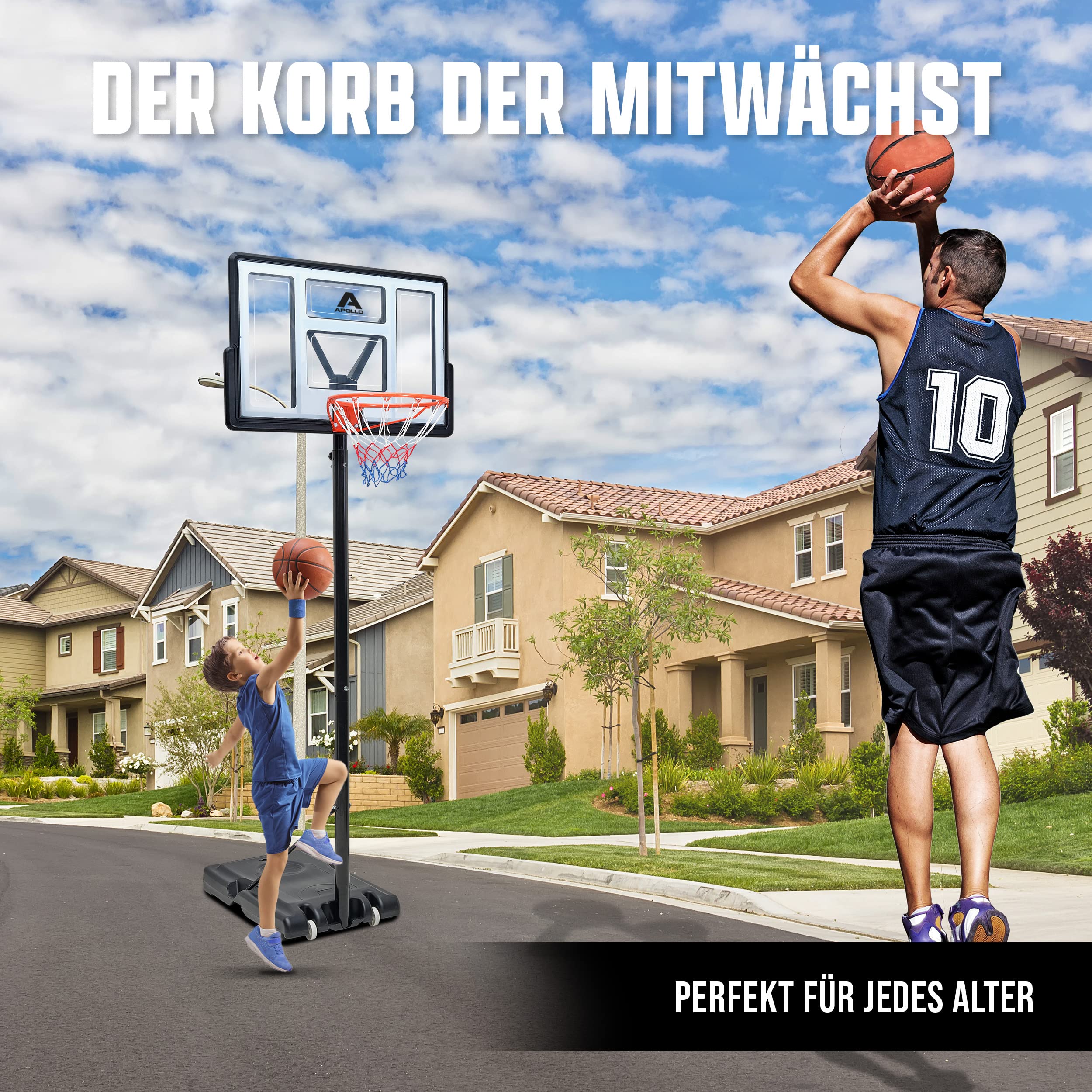 Apollo Basketballständer - höhenverstellbarer Korb - 155 bis 210 & 210 bis 305 cm - Basketballkorb Set Outdoor komplett - Basketballkorb Kinder - Basketball Korb für Erwachsene
