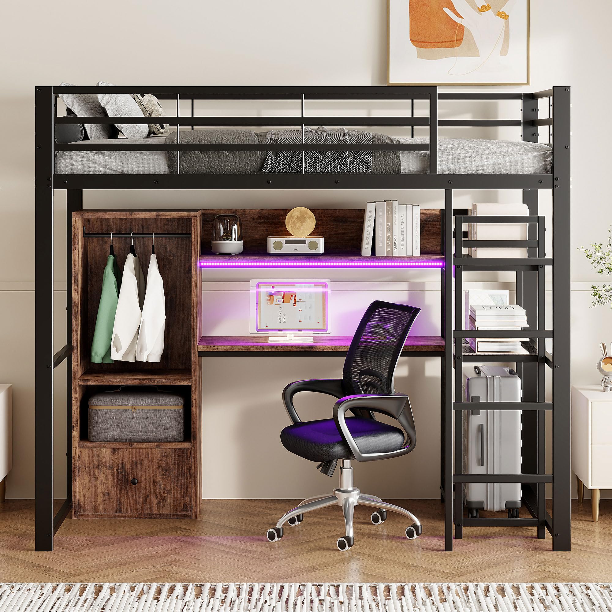 Letto a soppalco 90 x 200 cm, letto per ragazzi in metallo con luci a LED e scrivania, con vano portaoggetti e scaffale, con protezione anti-caduta e scala, senza materasso (nero, 90 x 200 cm)