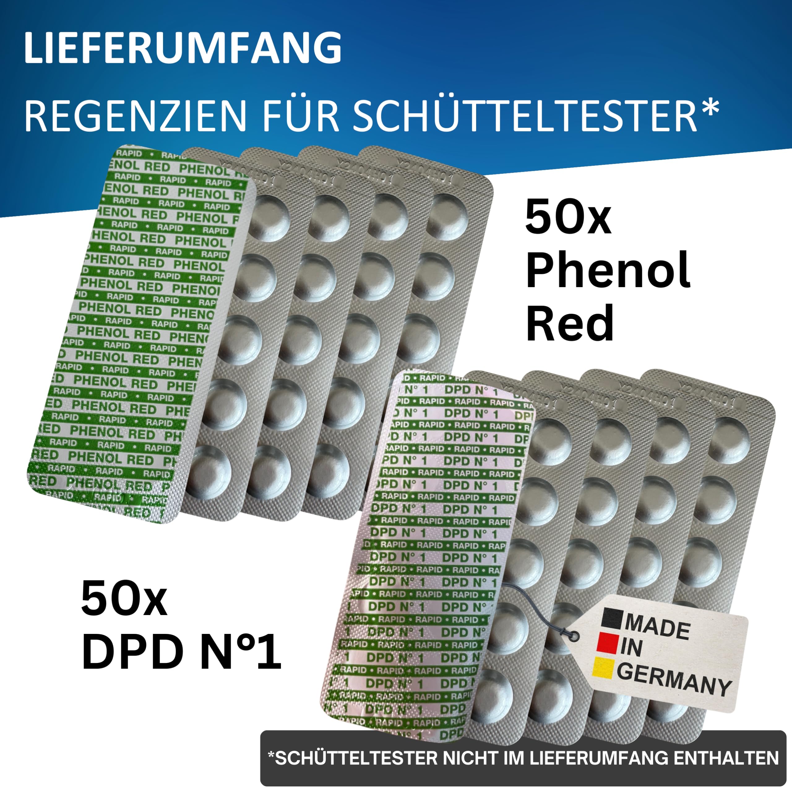 100 tabletek testowych Rapid do testera wstrząsów, 50 x pH Phenol Red, 50 x DPD1, bez chloru, tester wody basenowej, trwałość 10 lat