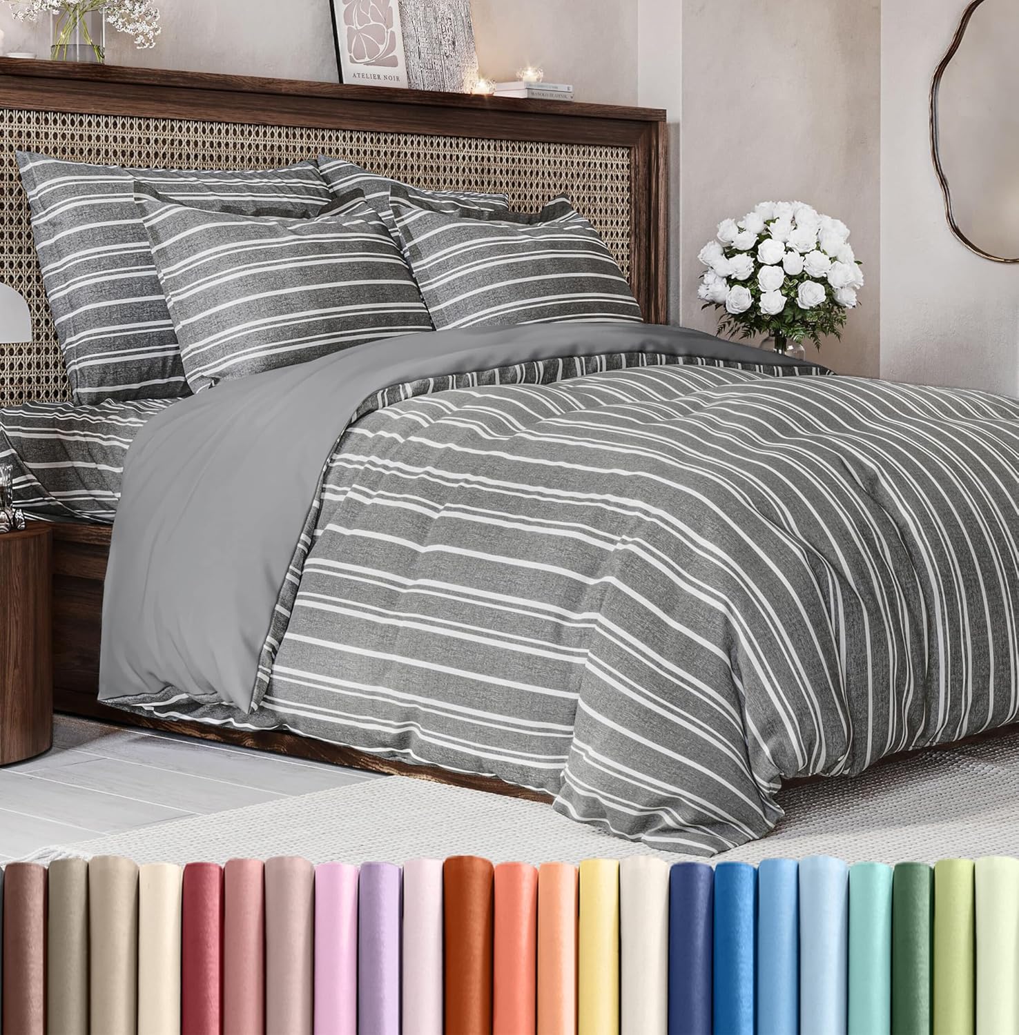 Duvet Cover Queen Size Set - Extra Soft Queen Duvet Cover 90" x 90" with 2 Pillow Shams - Hotel Luxury, Easy Care & Fade Free with Zipper Closures & Ties - Comfy, Cozy and Breathable (Grey Stripes)