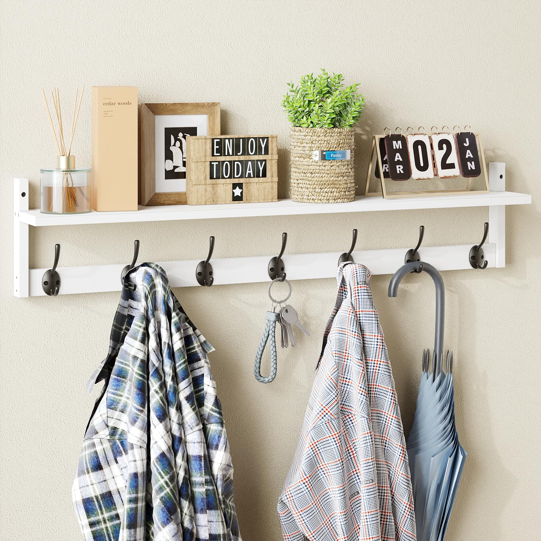 BAMEOS 35" L Wall Hooks with Shelf, Entryway Coat Hooks, Wood Wall Hanging Shelf, Wall-Mounted Coat Rack with 7 Dual Metal Hooks for Bathroom, Kitchen, Living Room, Bedroom (White)