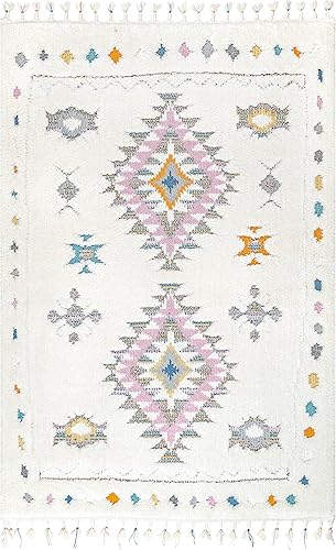 Miniatura 3 de nuLOOM Jocelyn - Alfombra tribal con borlas, redonda, 6 pies, color blanco