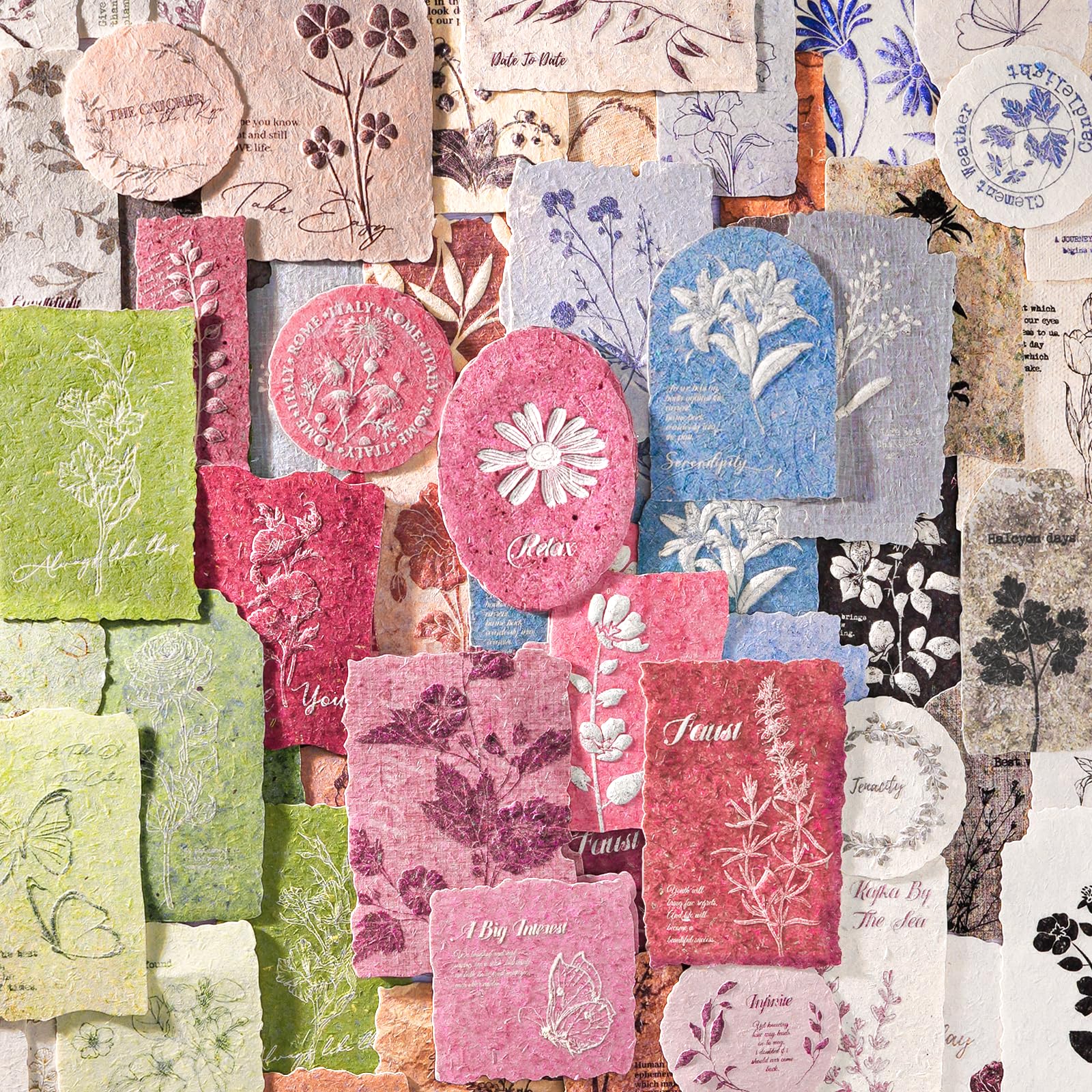 180 Pcs Flower Textured Stickers Embossed 6 Assorted Set, Natural Floral Botanical Scrapbook Stickers Vintage Decals for Bullet Junk Journaling