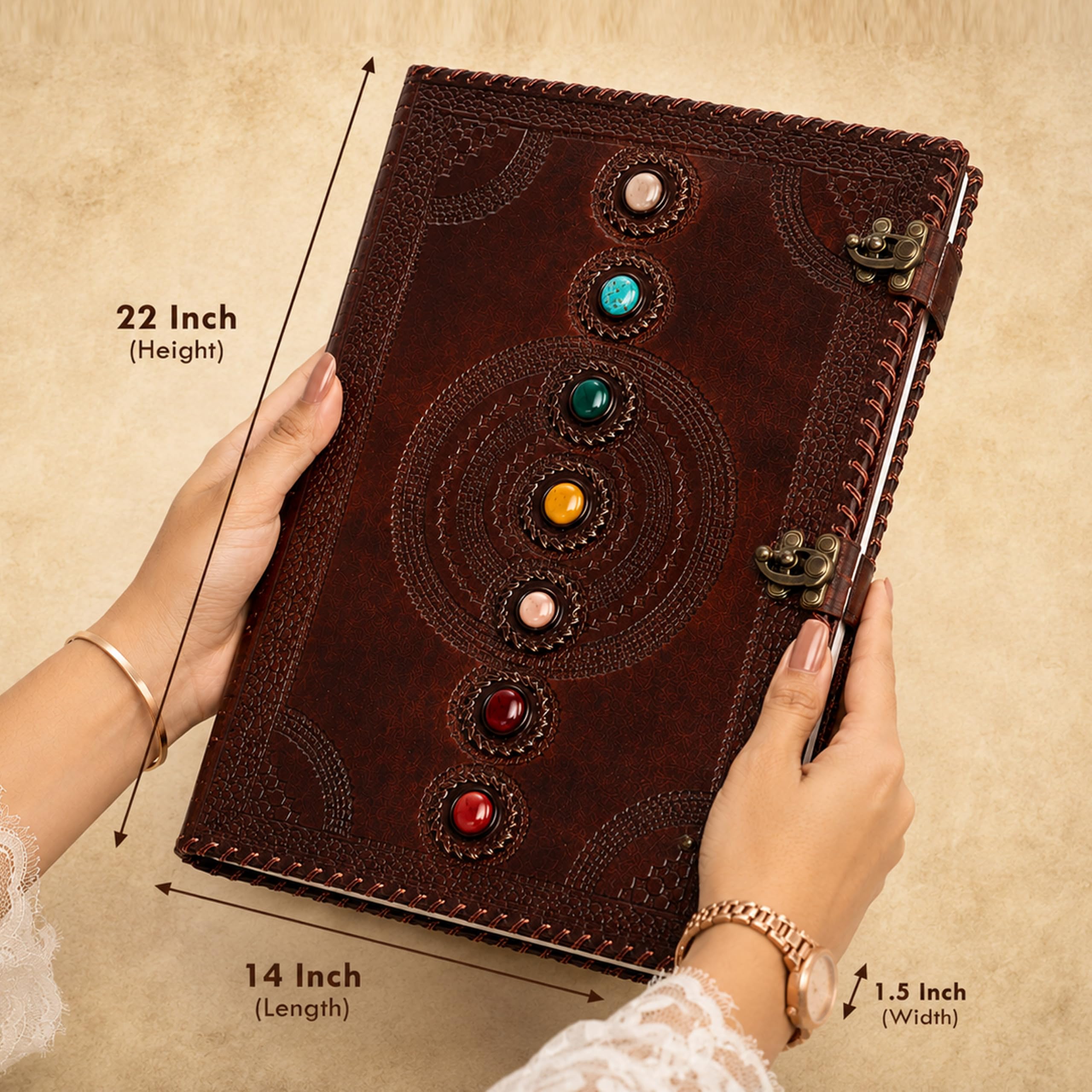 Grande diario in pelle con sette chakra, pietra medievale goffrata, libro delle ombre, diario per ufficio, libro universitario, libro di poesie, libro per schizzi, 35,5 x 55,9 cm