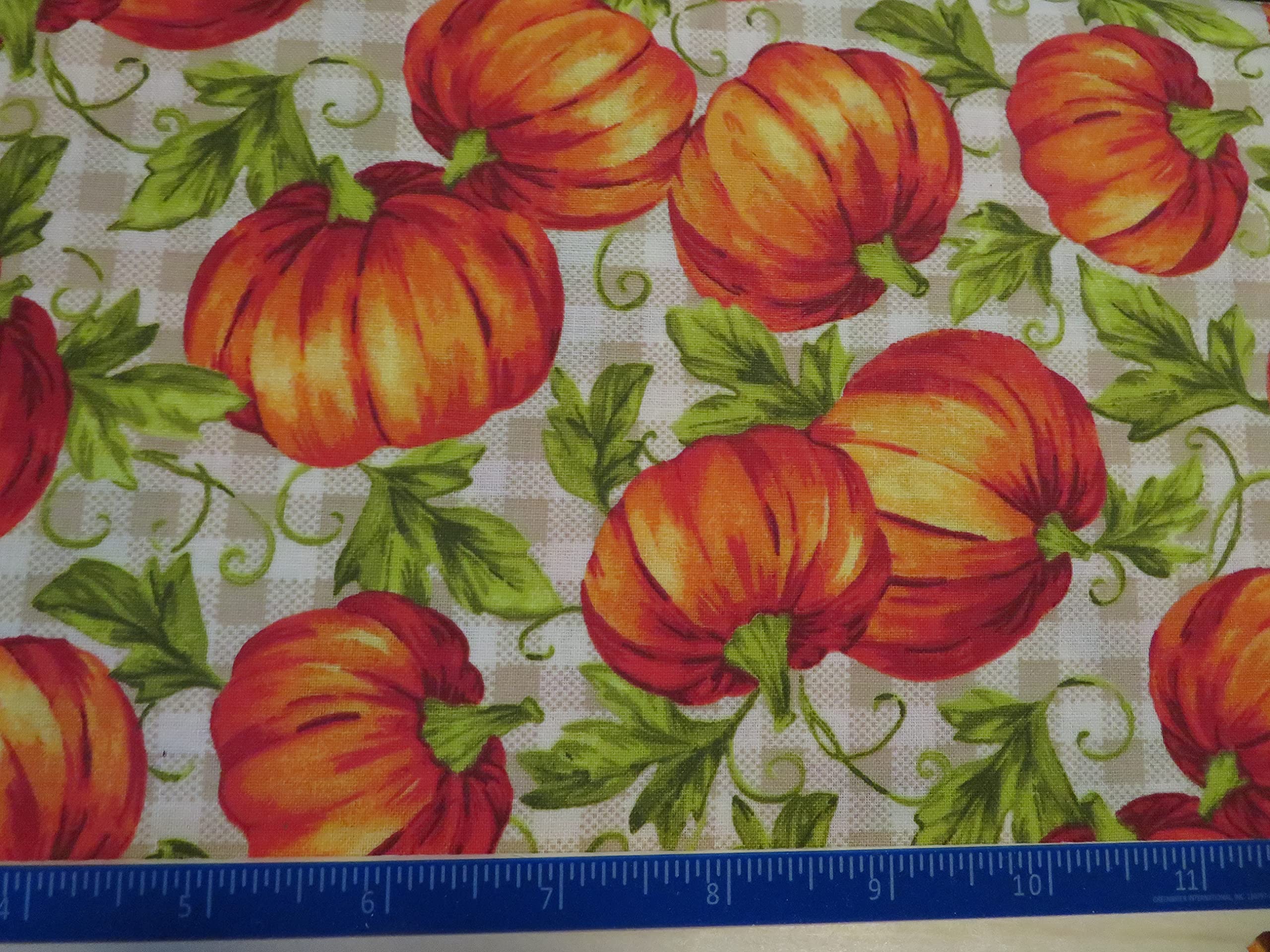 Leafy Pumpkins On Tan Check Cotton Foust Textiles