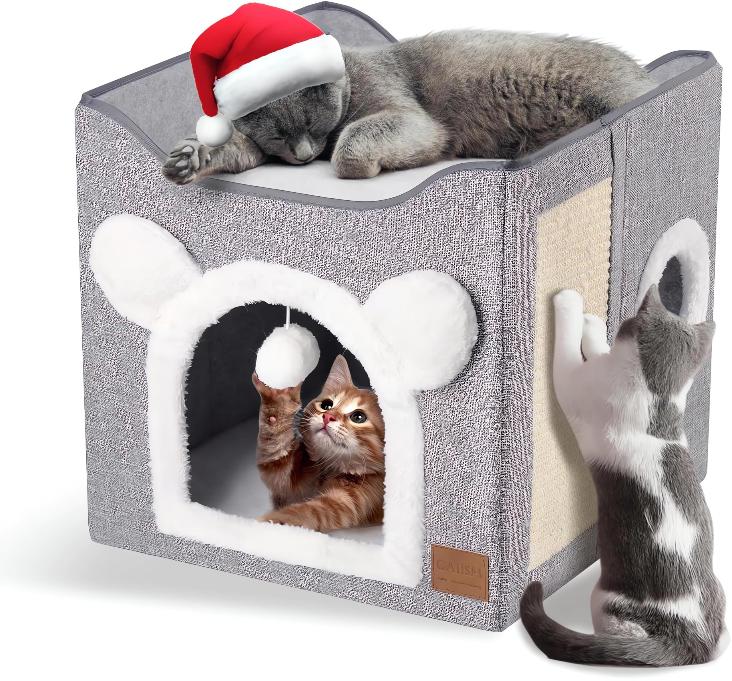 سرير للقطط الداخلية من بابونا، سرير قطط كبير بطبقتين للحيوانات الاليفة مع لوح خدش وكرة منفوشة للحيوانات الاليفة الصغيرة والمتوسطة في الاماكن المغلقة، 40×40×39 سم