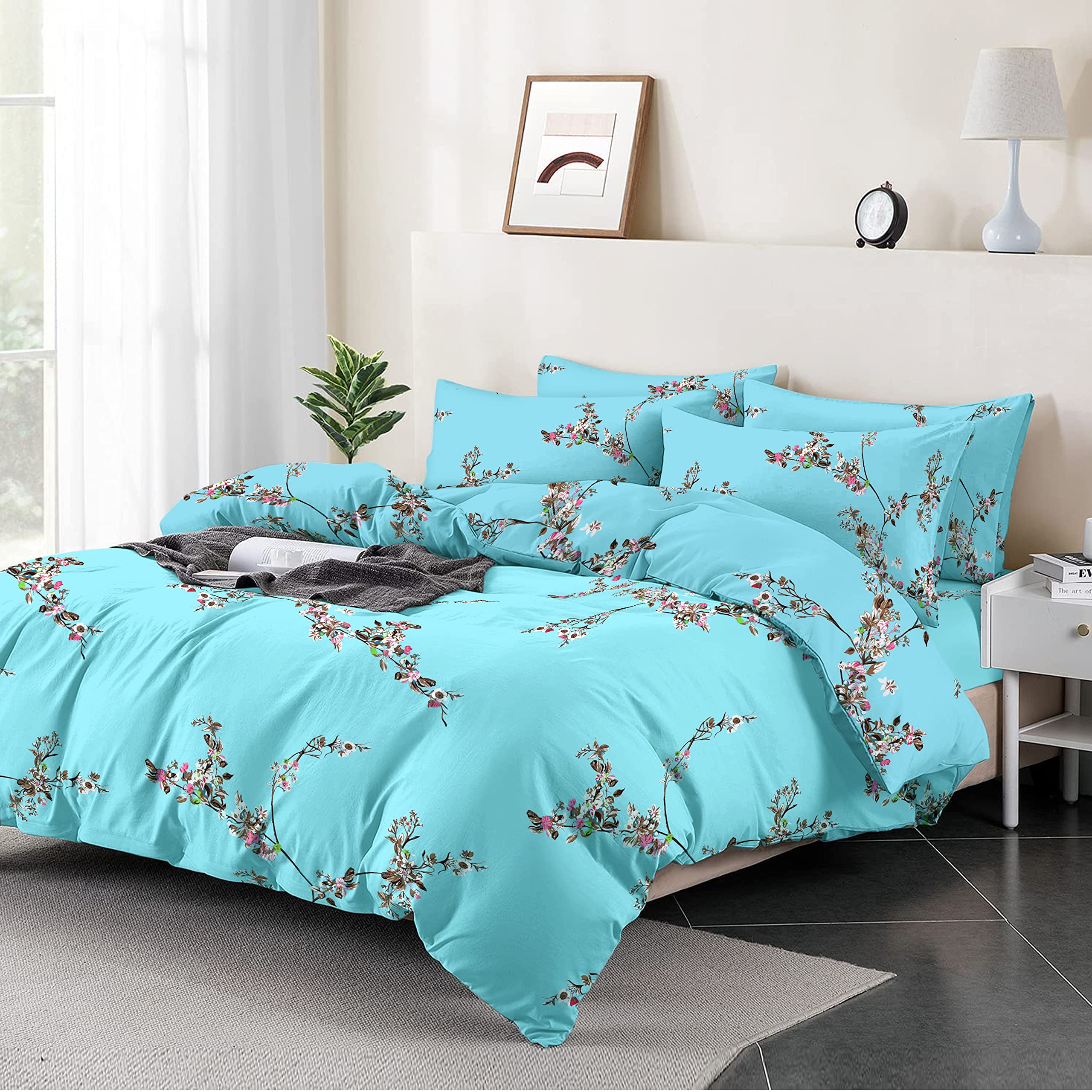 Cotton Comfort Bedding& Linen 3PCS King Size Duvet Cover Set 100% Egyptian Cotton Bedding King Size Bed Set 400 Thread Count Floral Printed Sky Blossom Duvet Cover King with Pillow Cases 2 Pack
