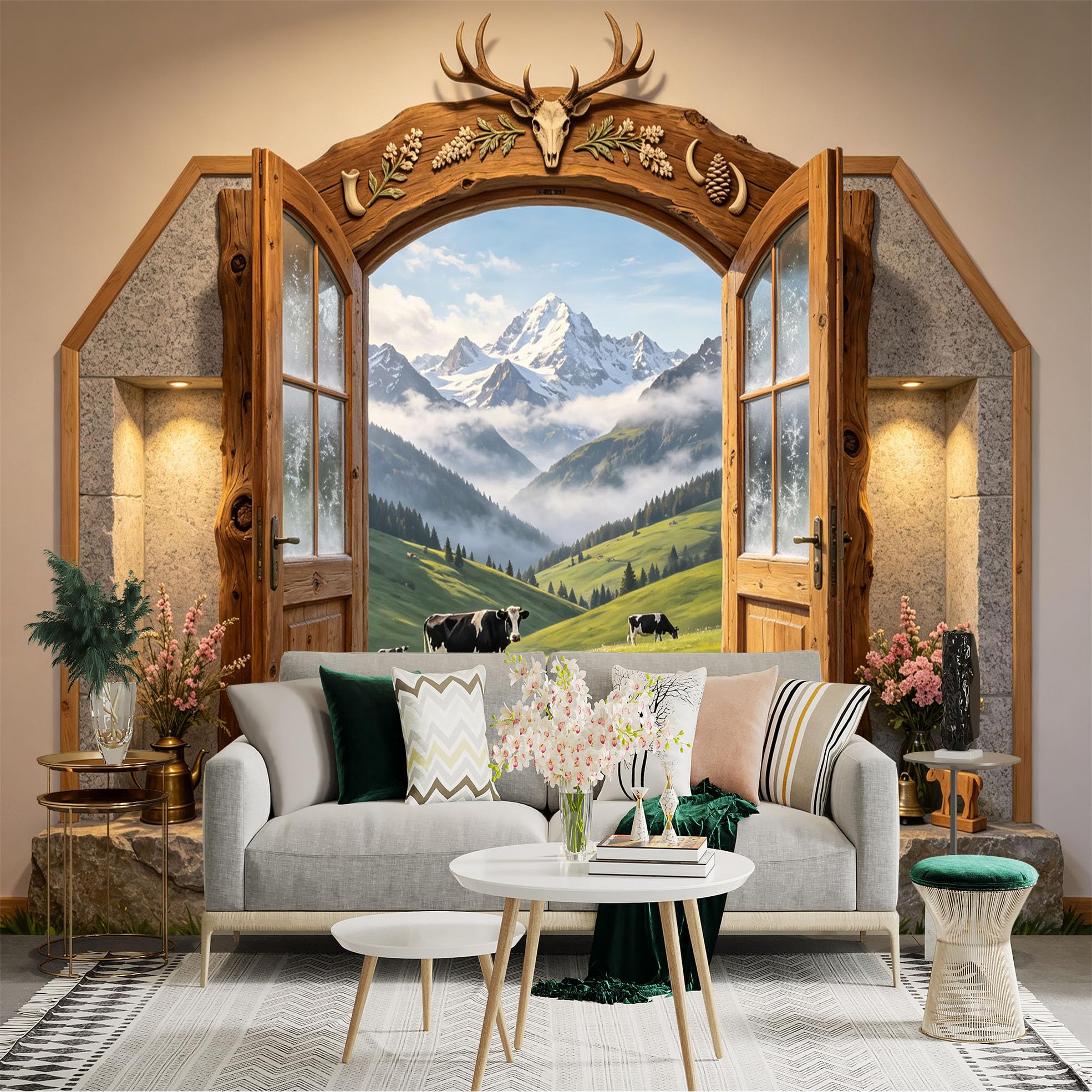 Custom Size Wall Sticker Mural， Rustic Mountain Meadow with Cows， Wooden Door Landscape， Alpine Valley View， for wall Decoration， peelandstick wall Decals.