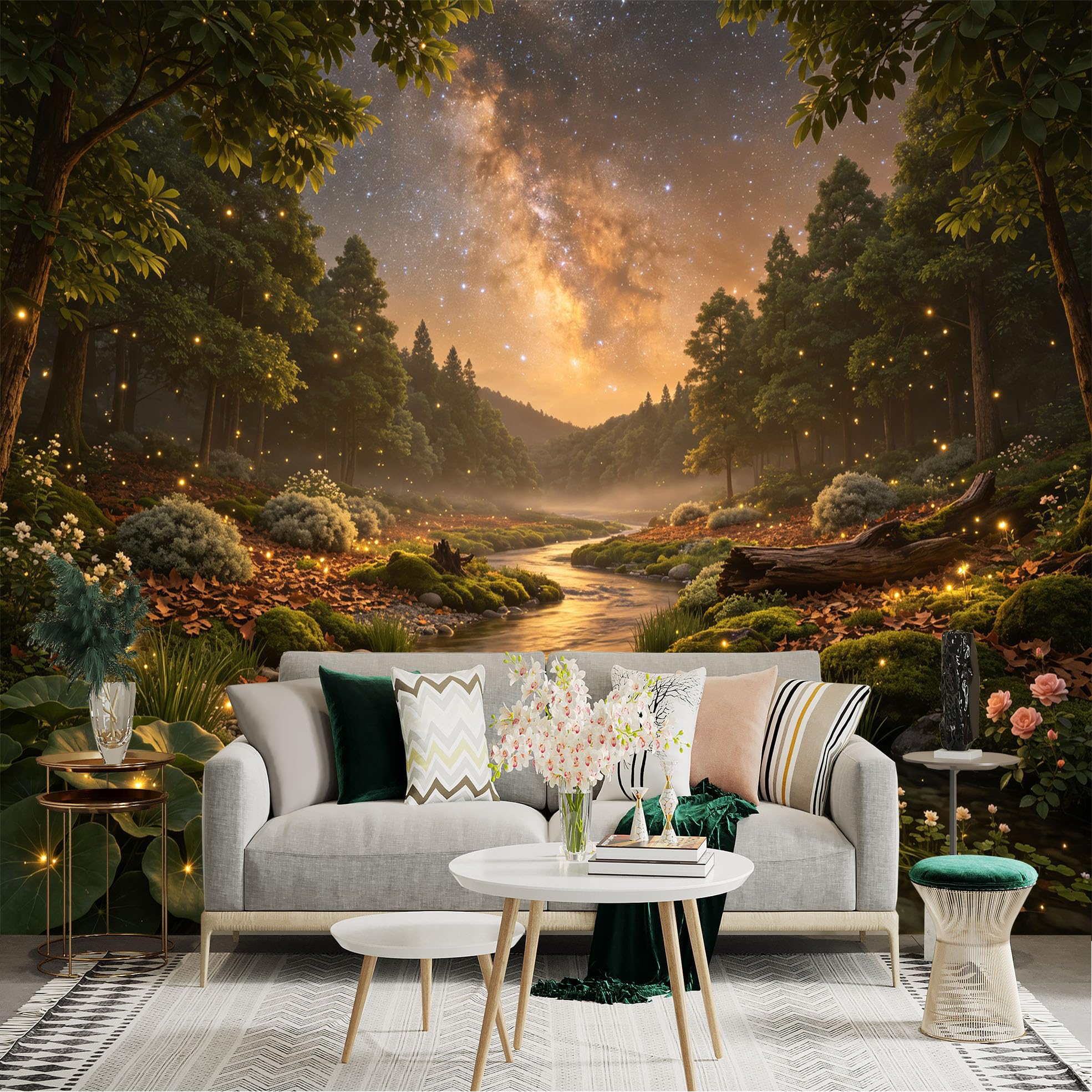 Lnzczhyre Bh260719044 Custom Size Wall Sticker Mural， Milky Way Over Forest Stream， Glowing Fireflies In Woodland， For Wall Decoration， Peelandstick Wall Decals.
