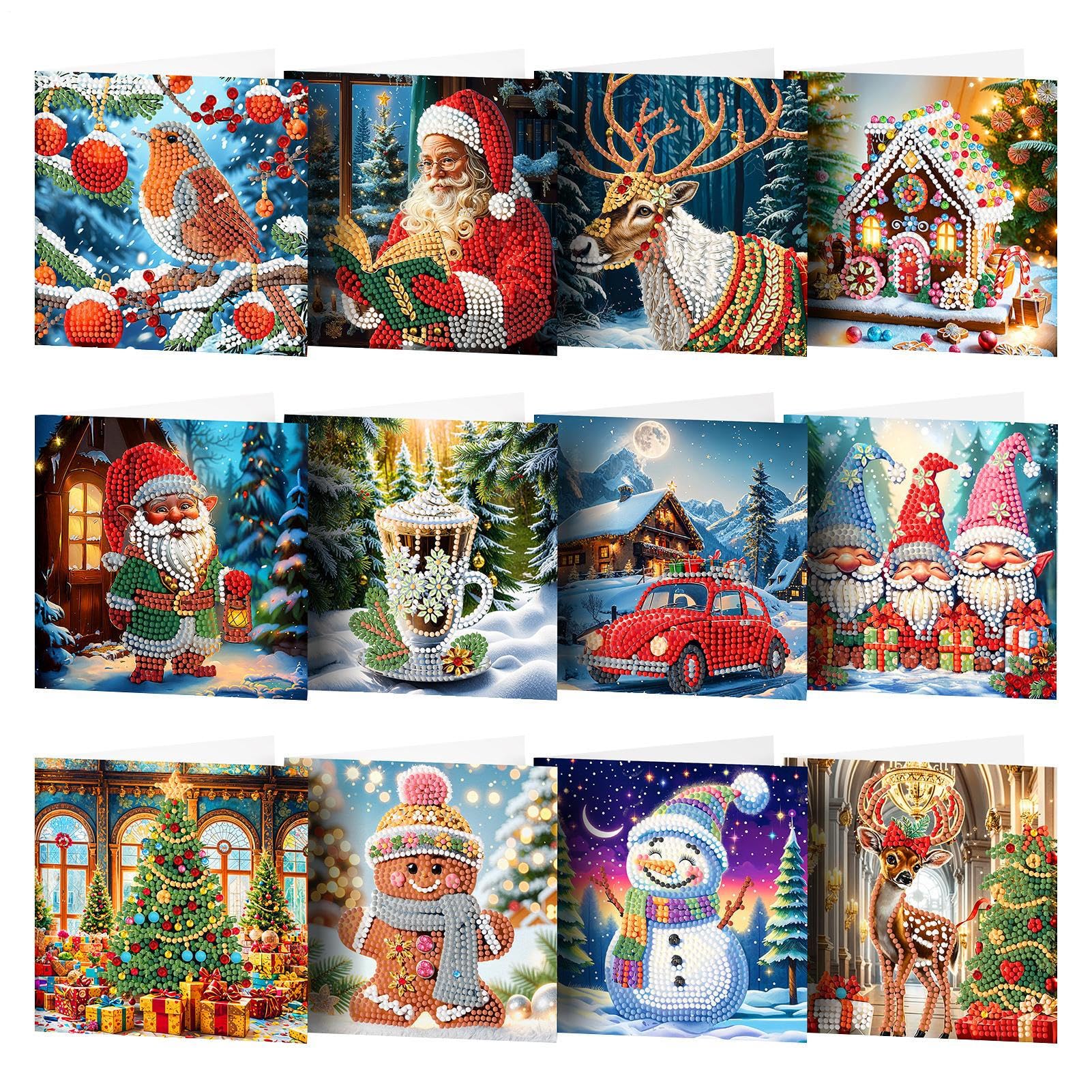 12 Pack Diamond Art Christmas Card Kits - 5D DI-Y diamond pain-ting Christmas Thanksgiving Greeting Cards Kits For Family Friends, Crystal Art Chris-tmas Card Ki-ts Holiday Craft