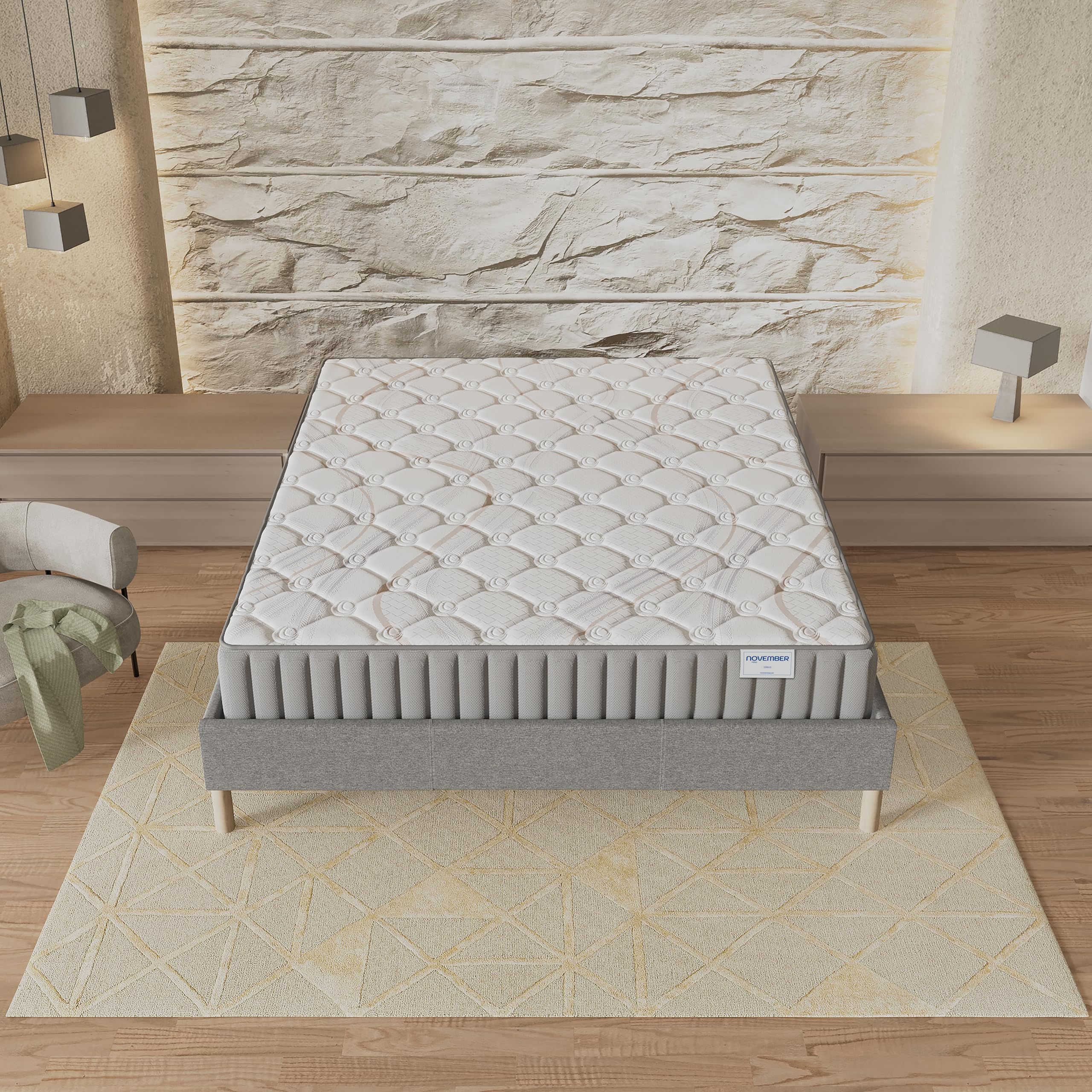 NOVEMBER- Ensemble Matelas + sommier (160 x 200cm) - Matelas Sirius Latex Naturel & Mousse Haute Densité d’épaisseur 22cm + Sommier Bois Stable & Robuste revêtement Tissu Gris