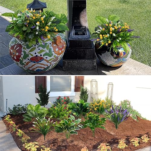 Miniatura 7 de Lacinda 19 paquetes de plantas falsas para exteriores, arbustos falsos resistentes a los rayos UV, flores artificiales de lavanda, tallos verdes,
