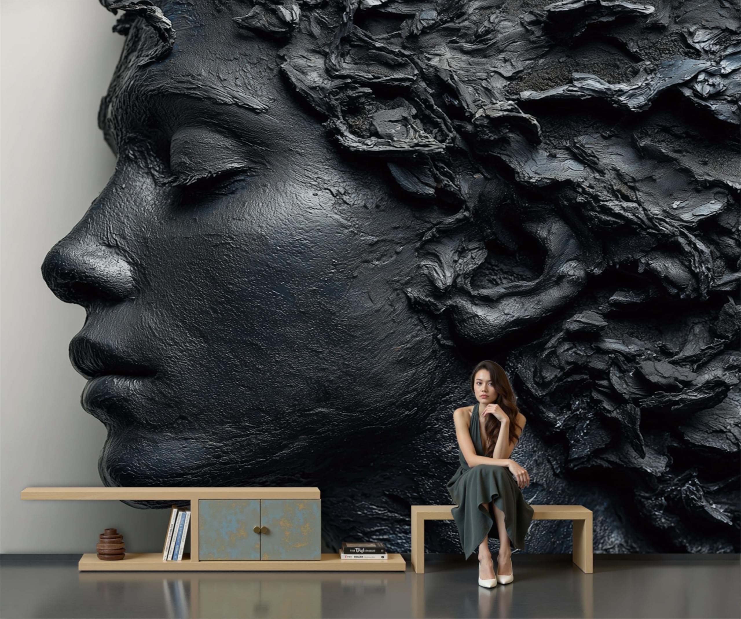 Papier peint en soie panoramique statue femme noire art moderne noir et gris