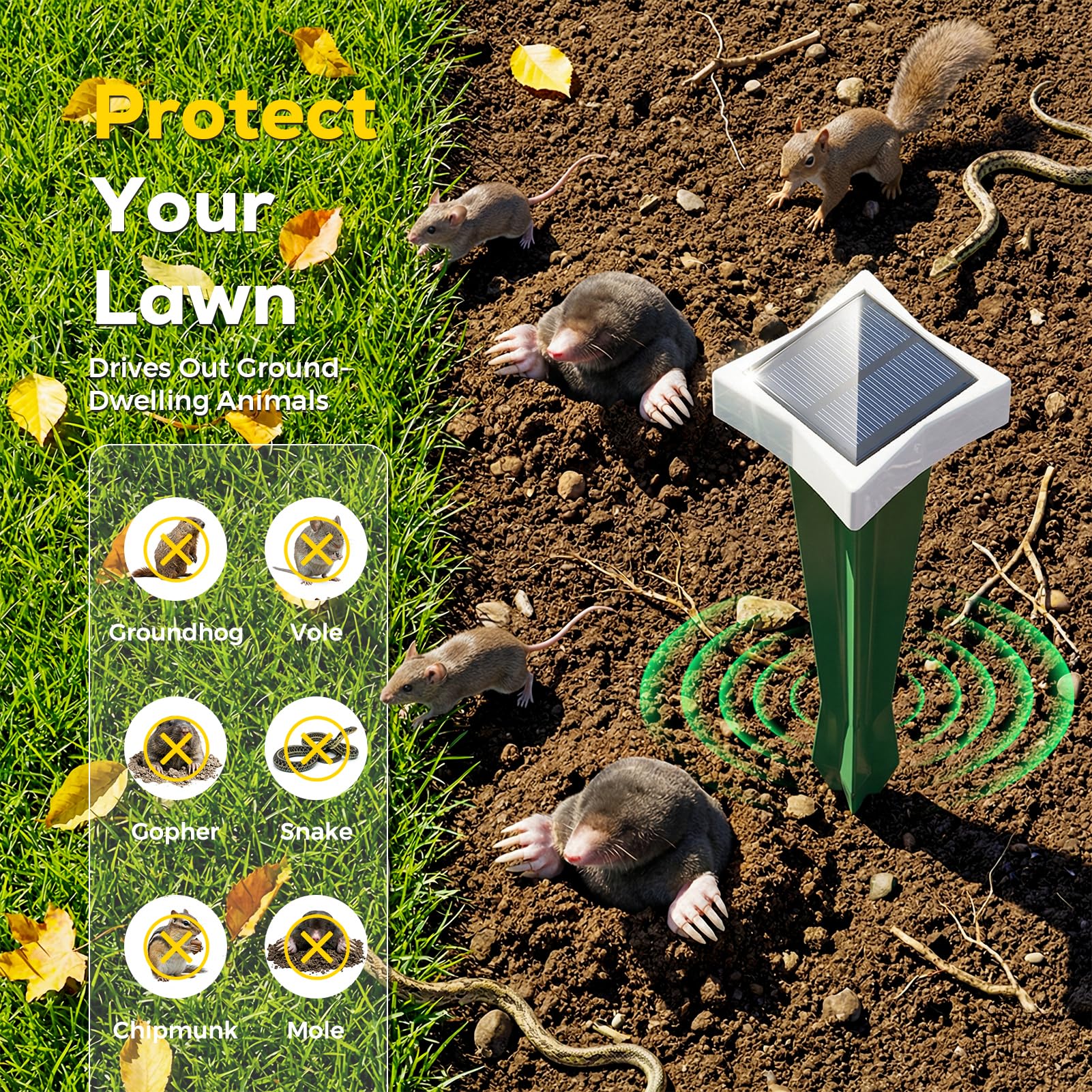 Anti Taupe Solaire avec LED et 3 Modes, 2/4 pièce Piege A Taupe pour Jardin, Large portée et Protection Contre l'eau Repulsifs Ultrasons pour Taupes, Rats, Serpents