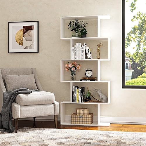 Miniatura 2 de Yusong Estantería de 5 niveles, estantería geométrica en forma de S para dormitorio, estantería decorativa moderna de madera para oficina en casa,