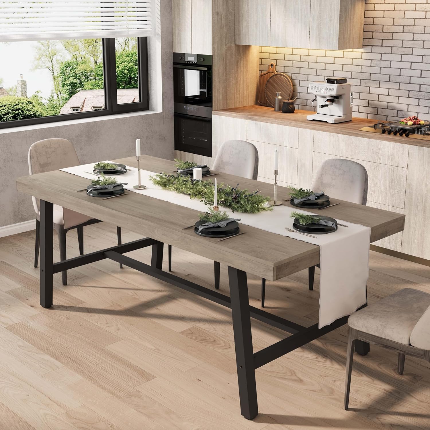 GarveeHome Industrial Dining Table for 6-8 People 70 87 Long Wooden Kitchen Table with Sturdy Metal Frame Grey