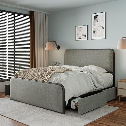 Miniatura 13 de SOFTSEA Cama de plataforma tapizada de tamaño individual con nido, cama nido con cabecera copetuda para niños, adolescentes y adultos, cama tapizada