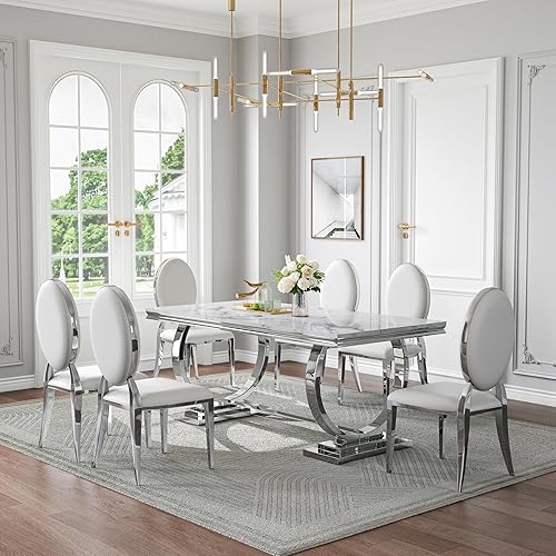 Miniatura 11 de Juego de mesa de comedor de mármol sintético de 70 pulgadas para 6, mesa de cocina grande y sillas de cuero sintético blanco, mesas de comedor Plata