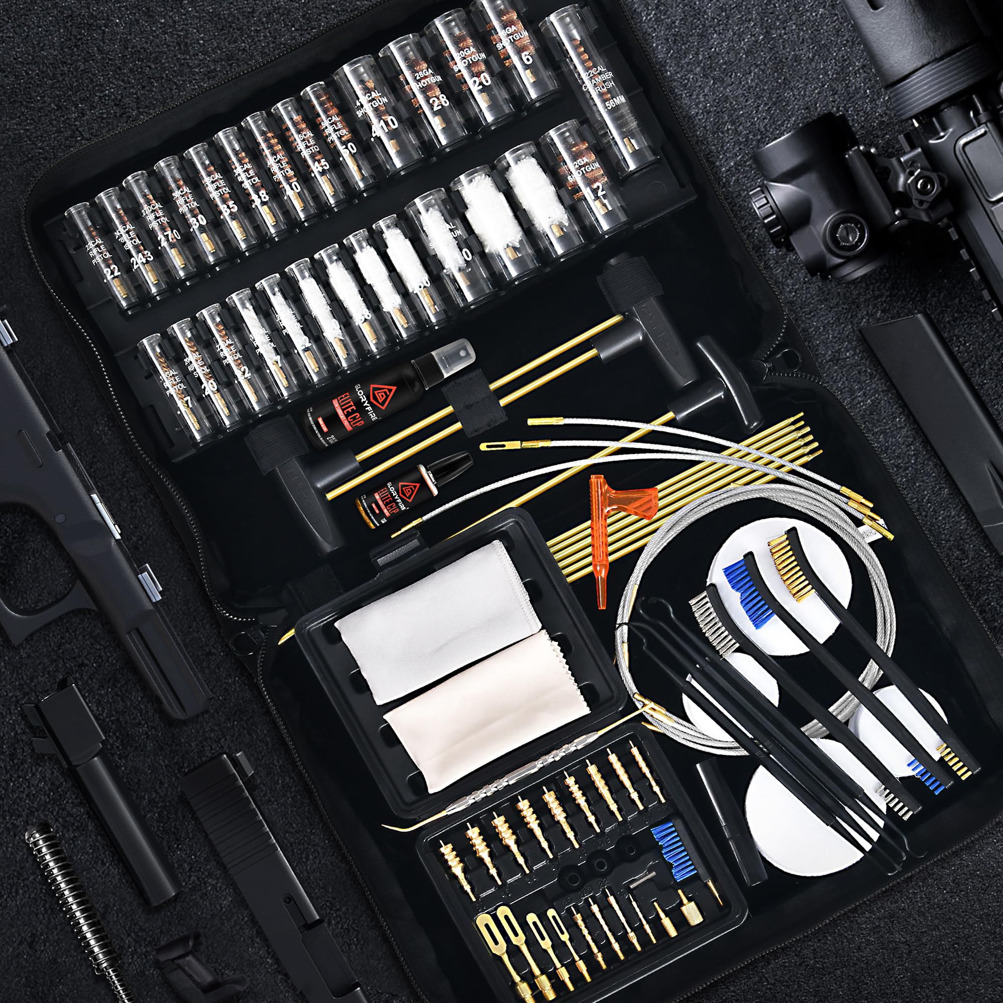 GLORYFIRE Gun Cleaning Kit Rifle Handgun Shotgun Pistol Cleaning Kit for All Guns with High-end Brass Brushes, Mops, Jags, Reinforced, Lengthened Rods and Gun Cleaning Snake&Ropes