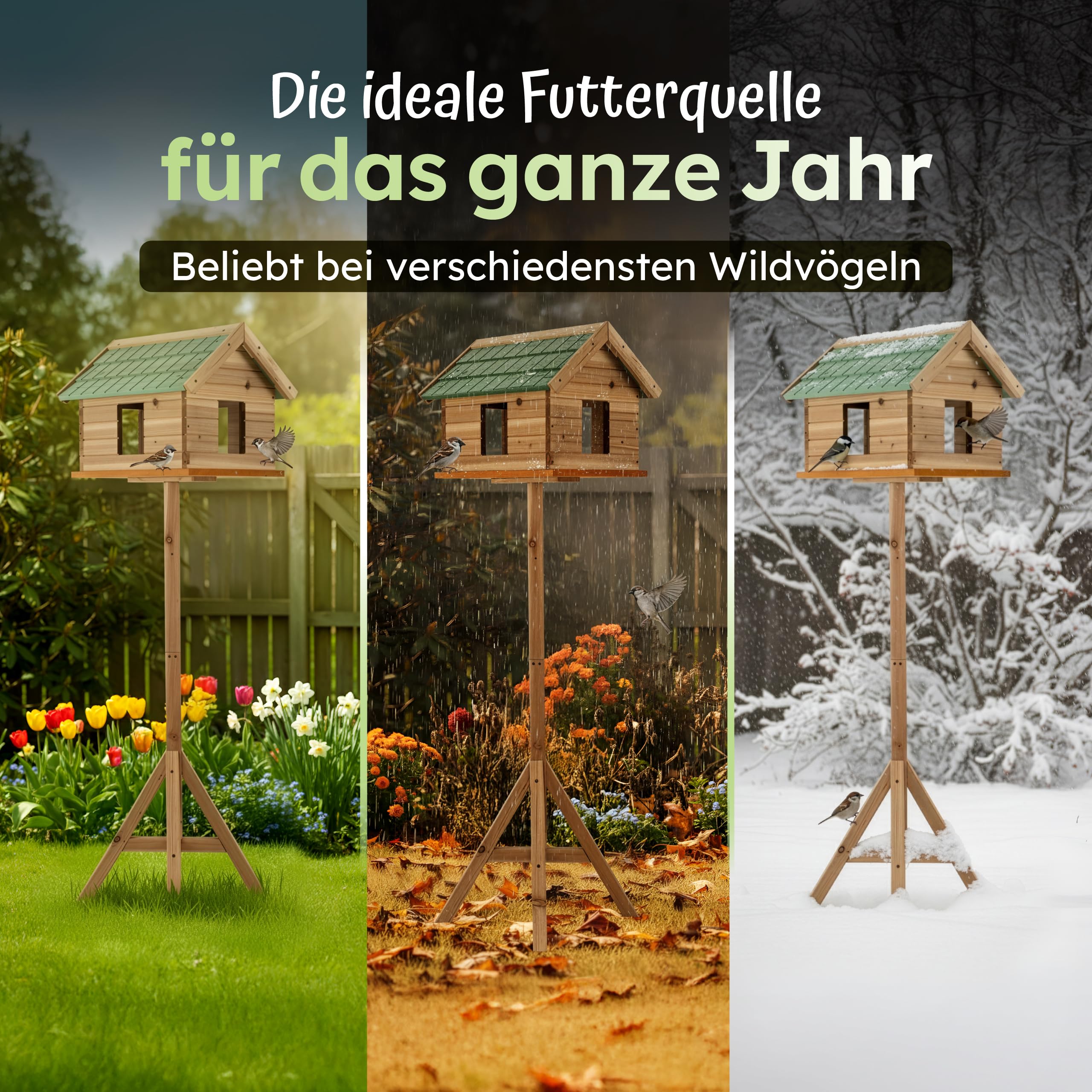Moorland Vogelhaus mit Ständer & Fenster aus FSC® Tannenholz ganzjährig | 135cm hoch grünes Schindeldach geschlossenes Vogelfutterhaus wetterfestes Futterhäuschen für Vögel Ganzjähriges grünem VH2