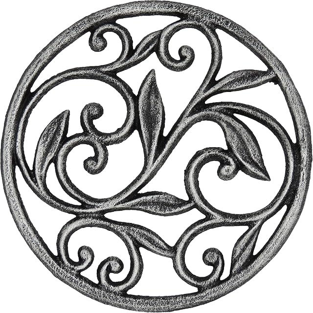 Comfify Decorative Cast Iron Trivet For Kitchen Or Dining Table | Round with Vintage Pattern -With Rubber Pegs/Feet - Recycled Metal - Vintage, Rustic Design - Silver with Black - 19.5 cm Diameter