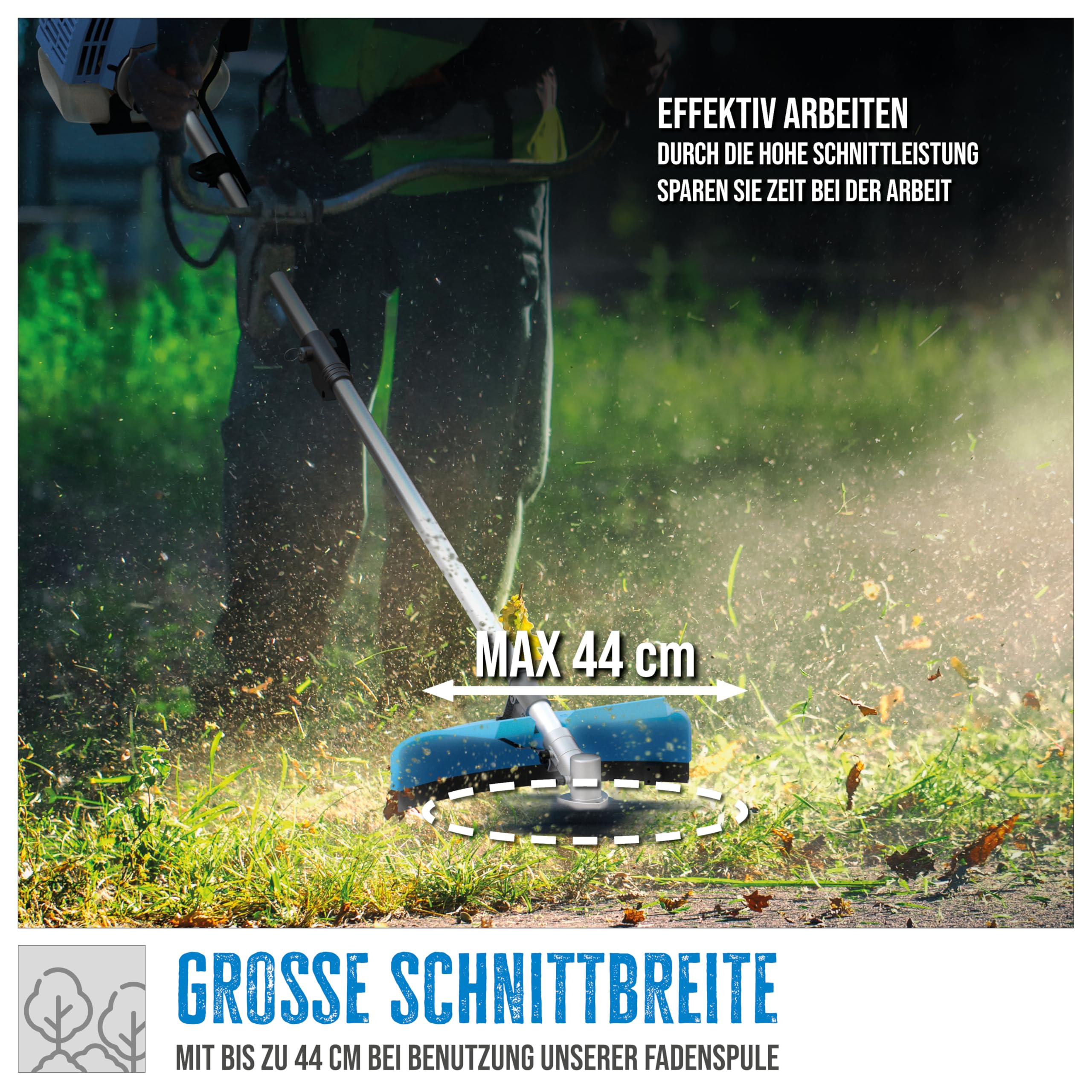 Güde GFS 52.3 Freischneider - 2-Takt-Motor, 52 Kubikzentimeter Hubraum, 1,45 Kilowatt, 2 PS, Schnittbreite 25,5 bis 44 Zentimeter je nach Schneidsystem, mit Fadenspule, Zwei Messern und Tragegurt