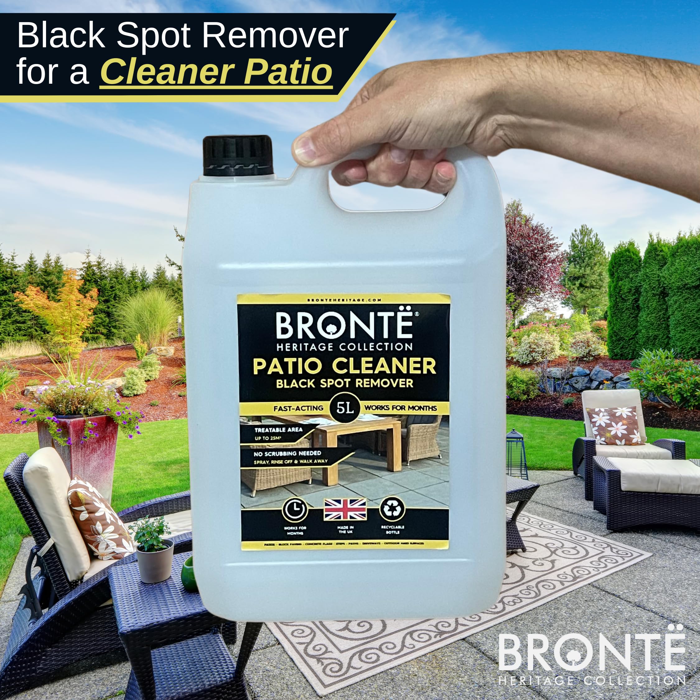 Bronte Heritage Patio Black Spot Remover 5L – Soluzione ad azione rapida per macchie nere ostinate, licheni, muschio e macchie. Non necessita di strofinare, per patio, pavimentazione, vialetti e