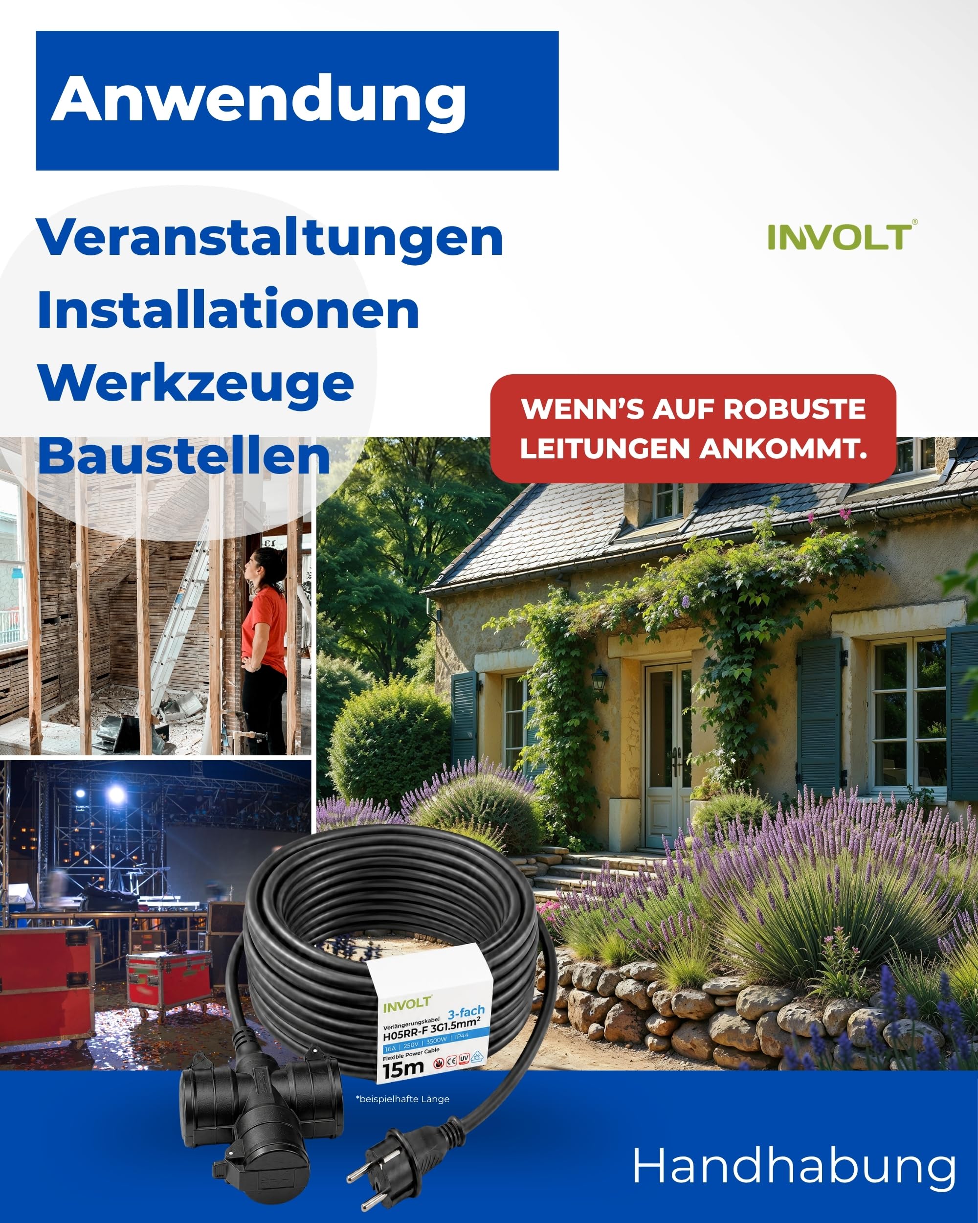 INVOLT 20 m przedłużacz z 3 gniazdami Schuko, do użytku na zewnątrz, IP44 H05RR-F 3G, 1,5 mm², czarny, gumowy przewód do ogrodu, na plac budowy, do warsztatu