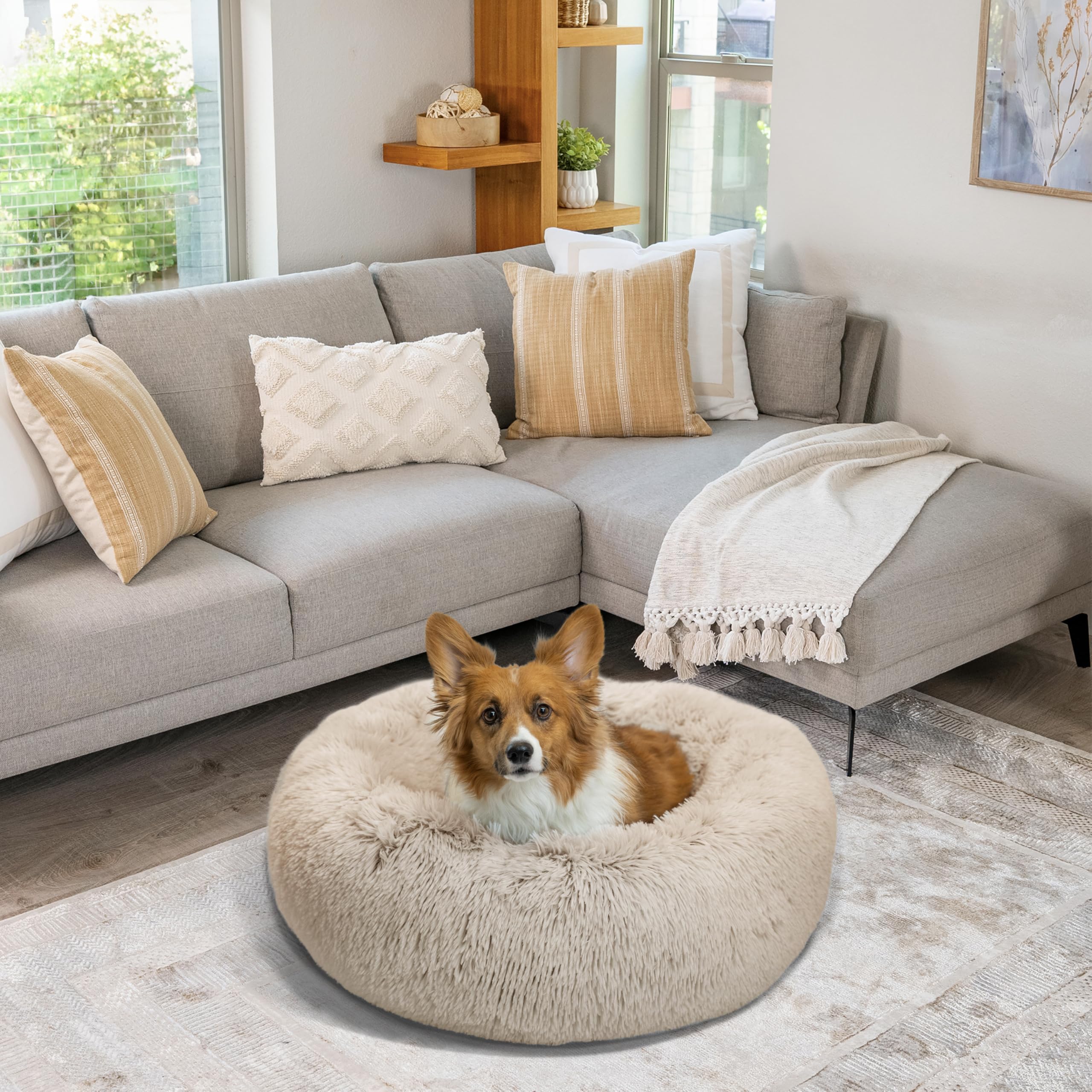 The Original Calming Donut Dog Bed – Washable Plush Pet Bed for Medium Breeds up to 45 lbs, Shag Faux Fur, Taupe, Medium (30" x 30")