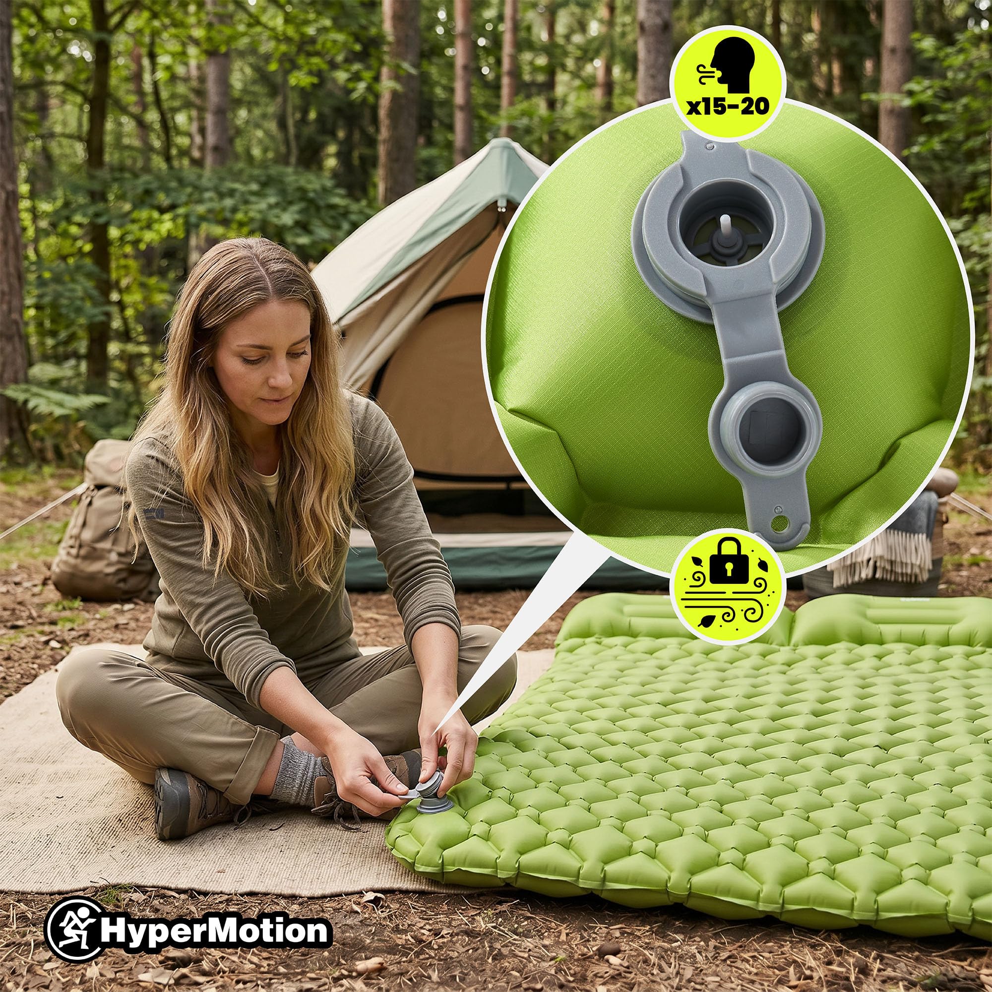 HyperMotion Materac Trekkingowy Campmat 2, Ultralekki, 190x120 cm | 940 g, Miejsce dla 2 Osób, 2 Poduszki, Kompaktowe Składanie, Wygodny Wypoczynek Podczas Biwaków