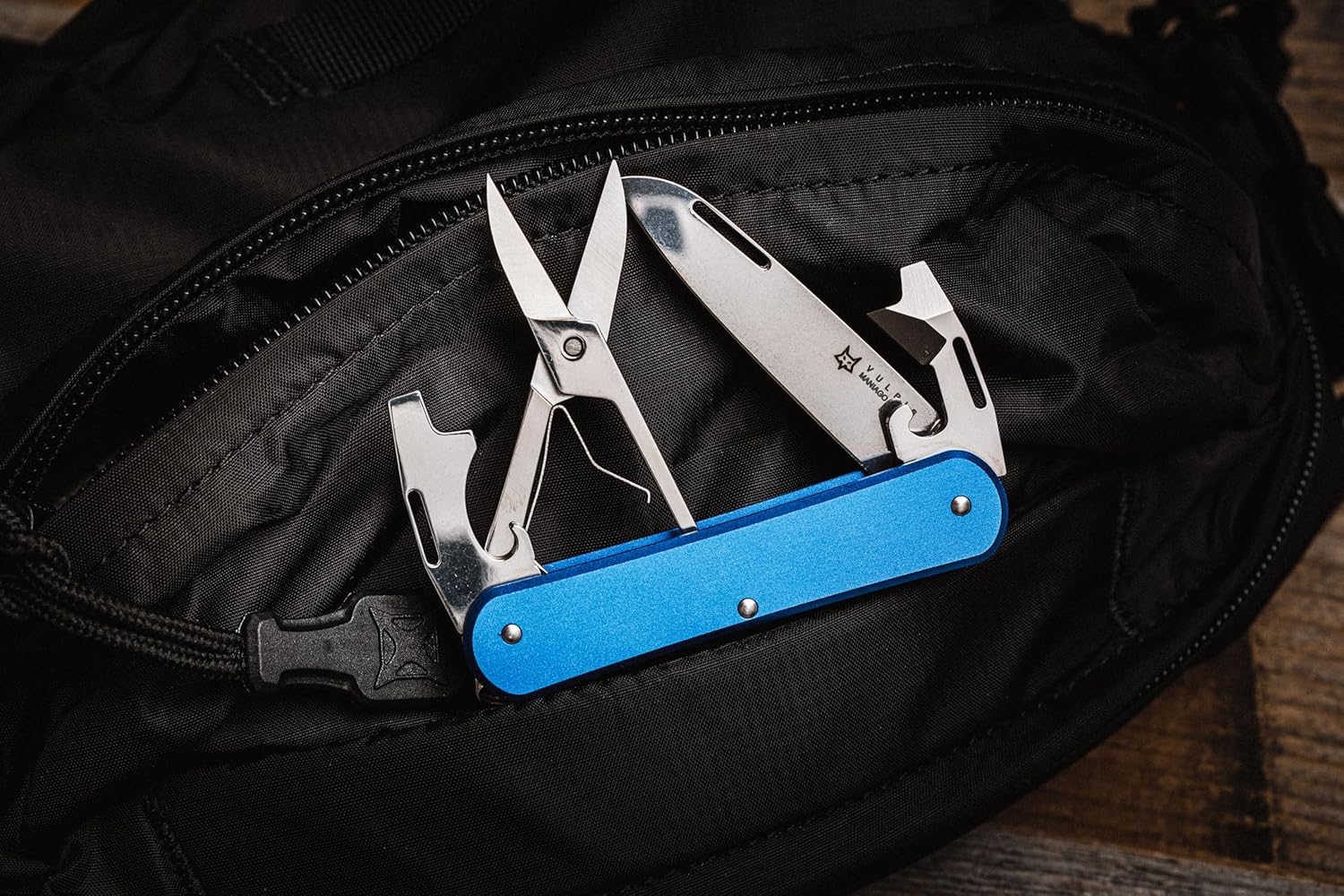 Fox Knives Vulpis FX-VP130-F4 Slipjoint Folding Knife 4-in-1 Multitool 2.17in Blade, Bottle Opener, Can Opener, Flat Head Screwdriver, Scissors - Compact Versatile Minimalist Pocket Knife (Sky Blue)