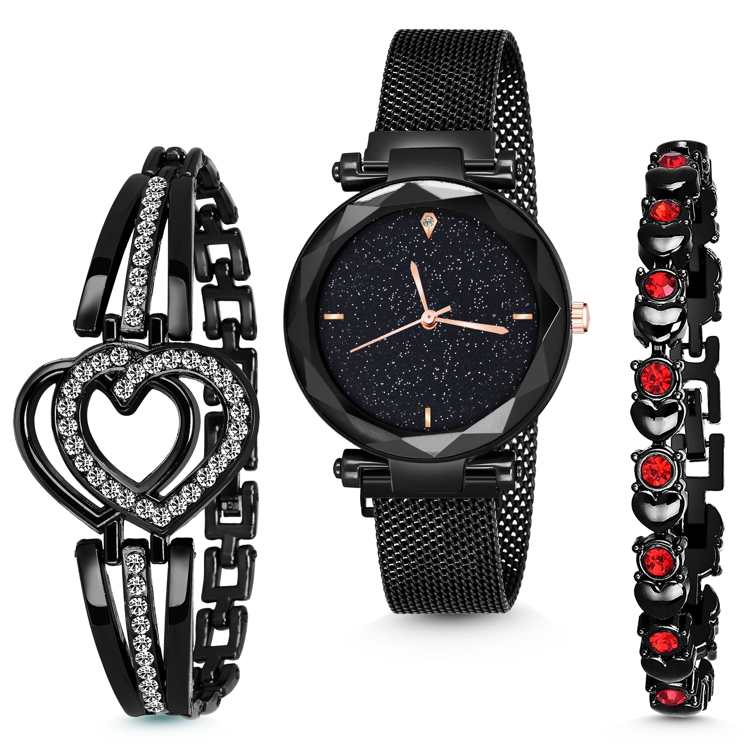 MARCLEX Analogue Black Color 4 Point Diamond Studded Magnet Watch with Gift Bracelet for Girls Watches for Women Watches Stylish Branded (Combo of 3) (B097F2JZGG) Amazon Price History, Amazon Price Tracker