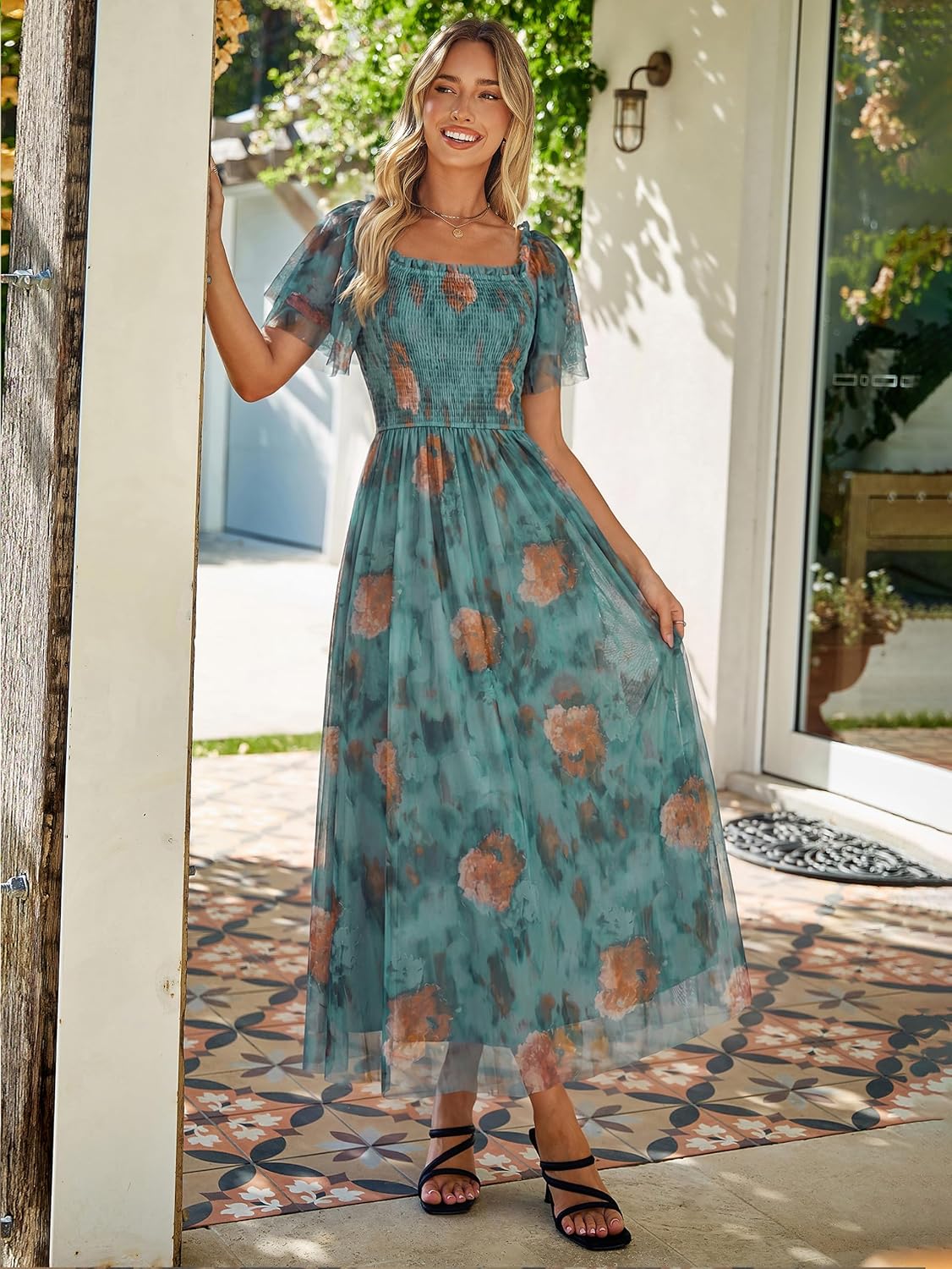 Simplee Womens Floral Maxi Dresses 2026 Spring Square Neck Mesh Short Sleeve Smocked Boho Flowy Wedding Guest Dress - Image 4