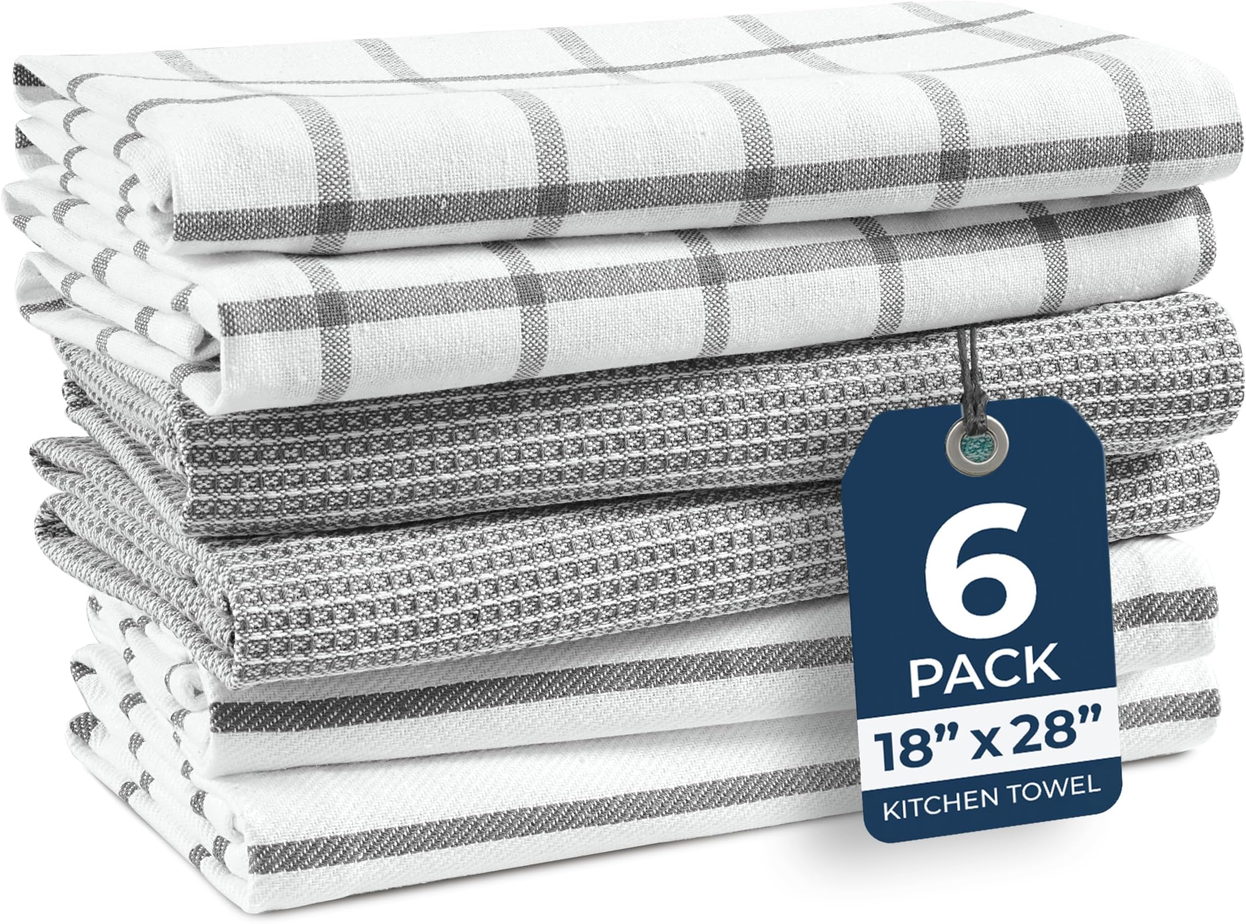 LANE LINEN Cotton Kitchen Towels and Dish Cloths Set, 6-Pack – Absorbent, Quick-Drying Dish Towel, 18" x 28", Soft, Premium Hand and Tea Towels - Grey