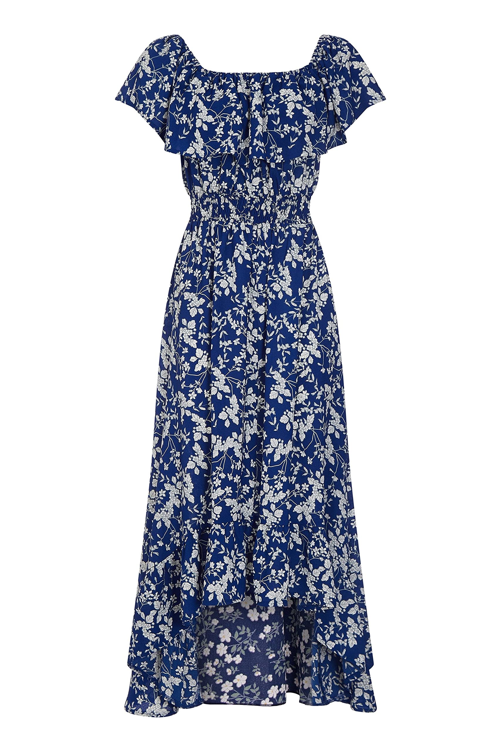 Mela London Mela Blue Ditsy Print Bardot Dipped Hem Dress 18 Blue