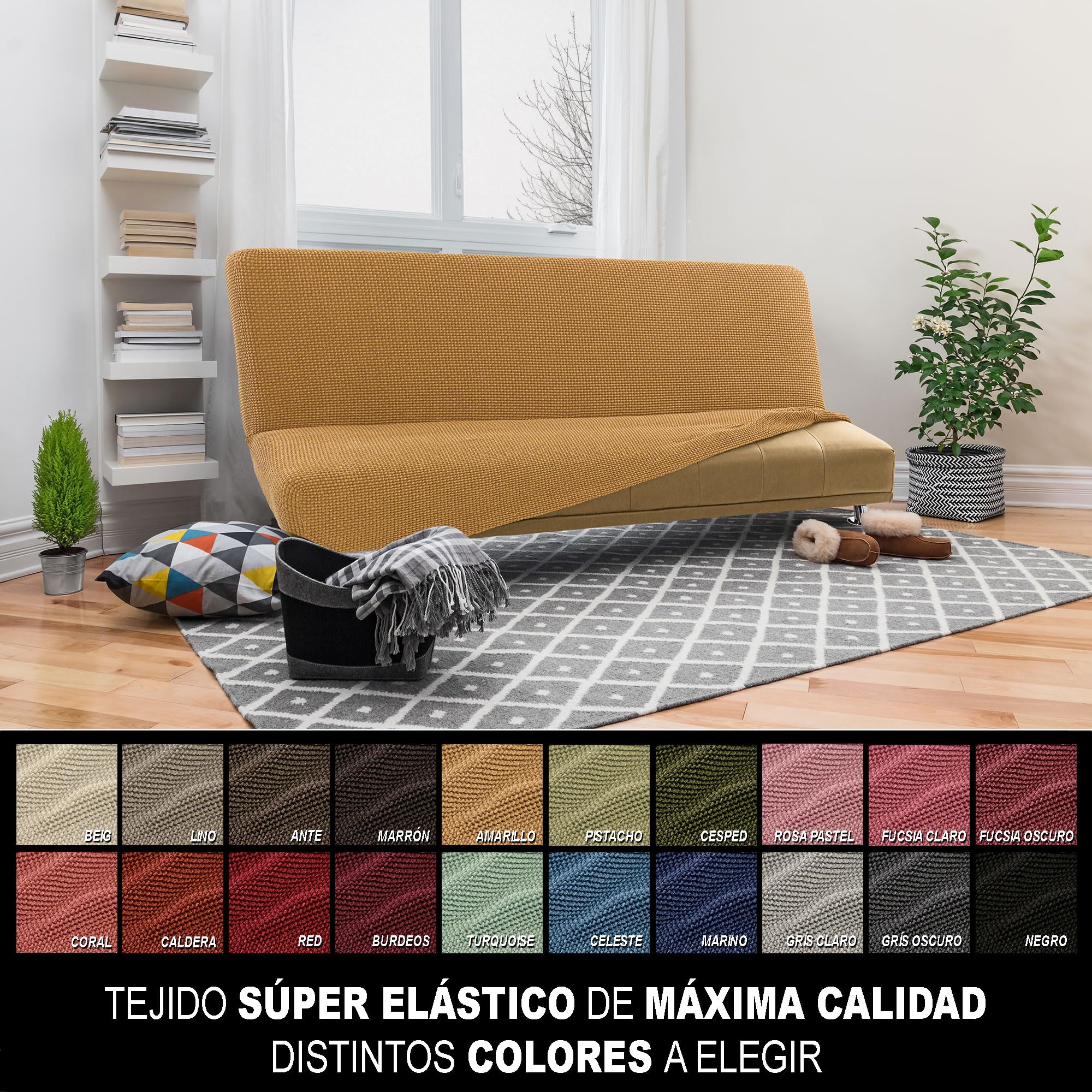 FAVERTI Copridivano per letto Click Clack 3 posti da 160 a 200 cm | Modello NOVELE | Giallo | Fodera super elastica ideale per qualsiasi divano letto | Protezione di qualità tessuto jacquard in cotone
