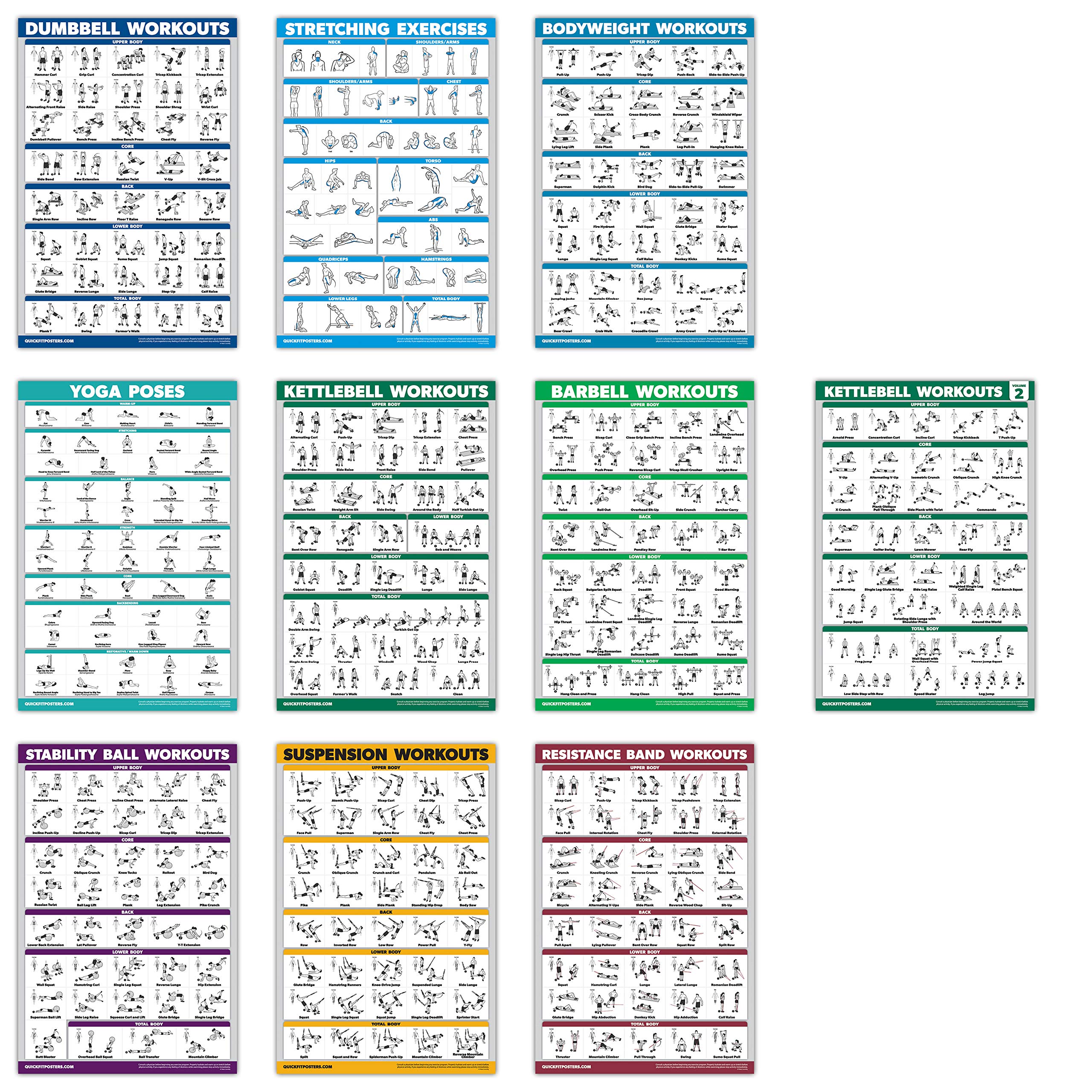 QuickFit 10 Pack - Exercise Workout Poster Set - Kettlebell Volume 1 & 2, Dumbbell, Suspension, Resistance Bands, Stretching, Bodyweight, Barbell, Yoga Poses, Exercise Ball