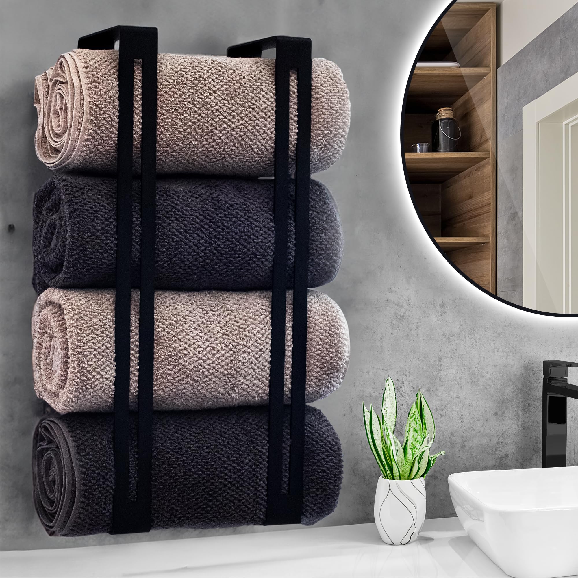 23" Wall Mounted Towel Rack Holder, Modern Rolled Folded Towels Organizer, Bathroom Storage, Towel Vertical Shelf, Black Powder Coated, Hold up to 4 Rolled Towels