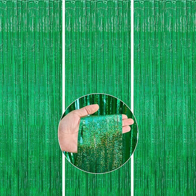 PartyWoo 3 pcs Green Curtain, Metallic Foil Tinsel Door Fringe for Birthday Wedding Party Photo Backdrop, Green-1295