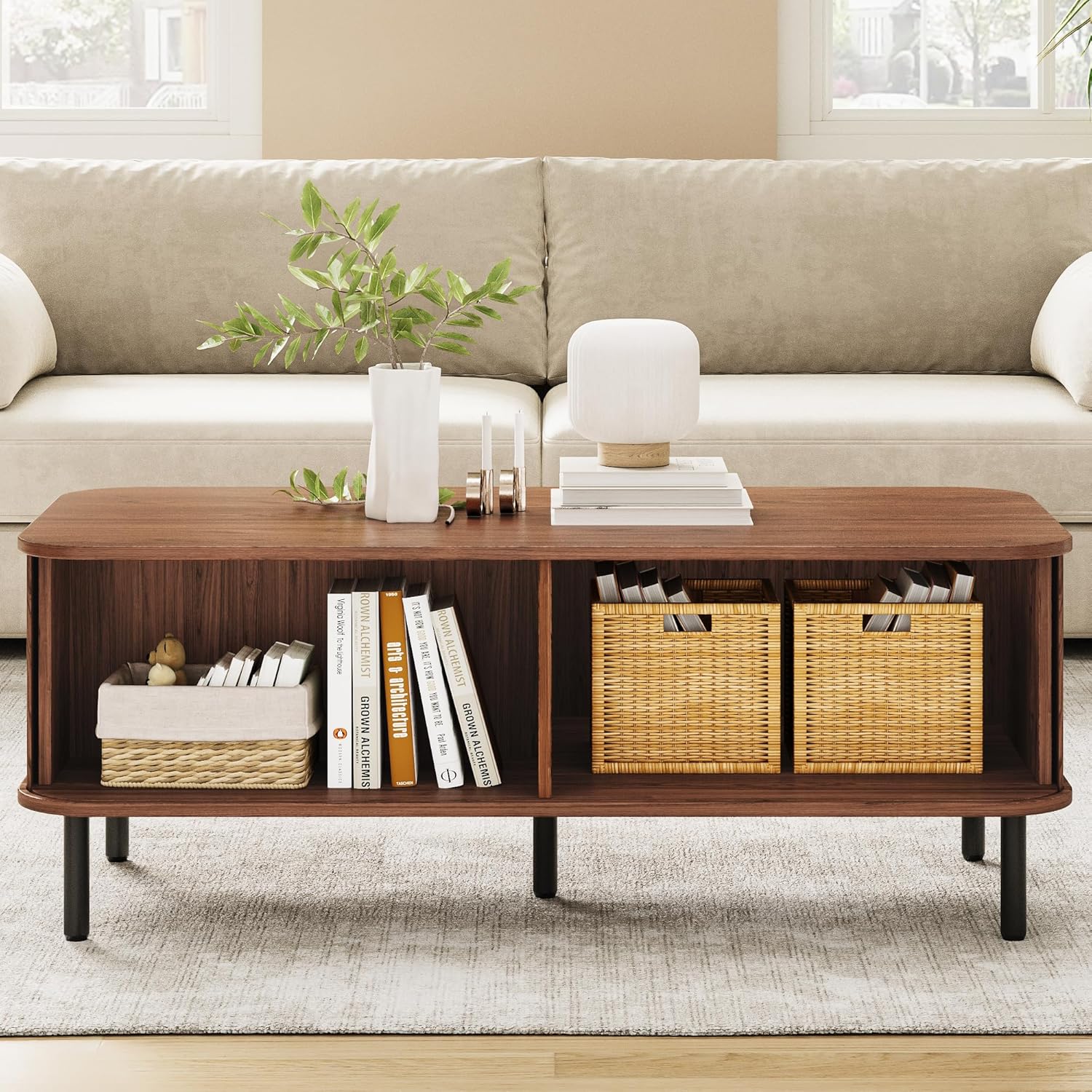 Coffee Table with Storage, 47.2" Mid Century Modern Coffee Tables for Living Room, Rectangle Wood Center Table with Sliding Tambour Door & Adjustable Leg for Living Room, Walnut