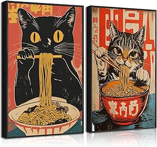 2Pcs Funny Japanese Cat Canvas Wall Art Whimsical Cat Eating Ramen Pictures Vintage Black Cat Poster Print Animal Food Painting for Living Room Dining Room Kitchen Wall Decoration 12x16in Unframed