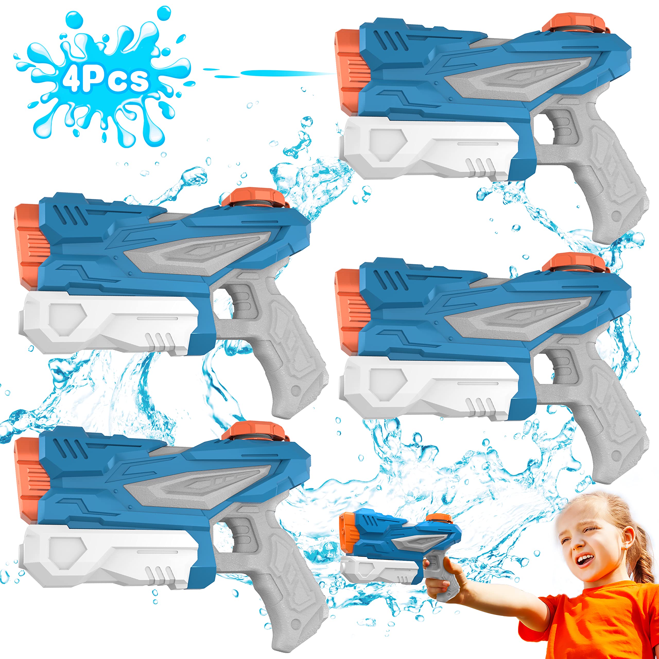 Auskang Wasserpistole für Kinder 4 Stück Wasserspritzpistole, wasserpistole mit großer reichweite, Wassergewehr Wasserspritze Kinderspielzeug für Party Strand Pool Outdoor Spielzeug-Blau