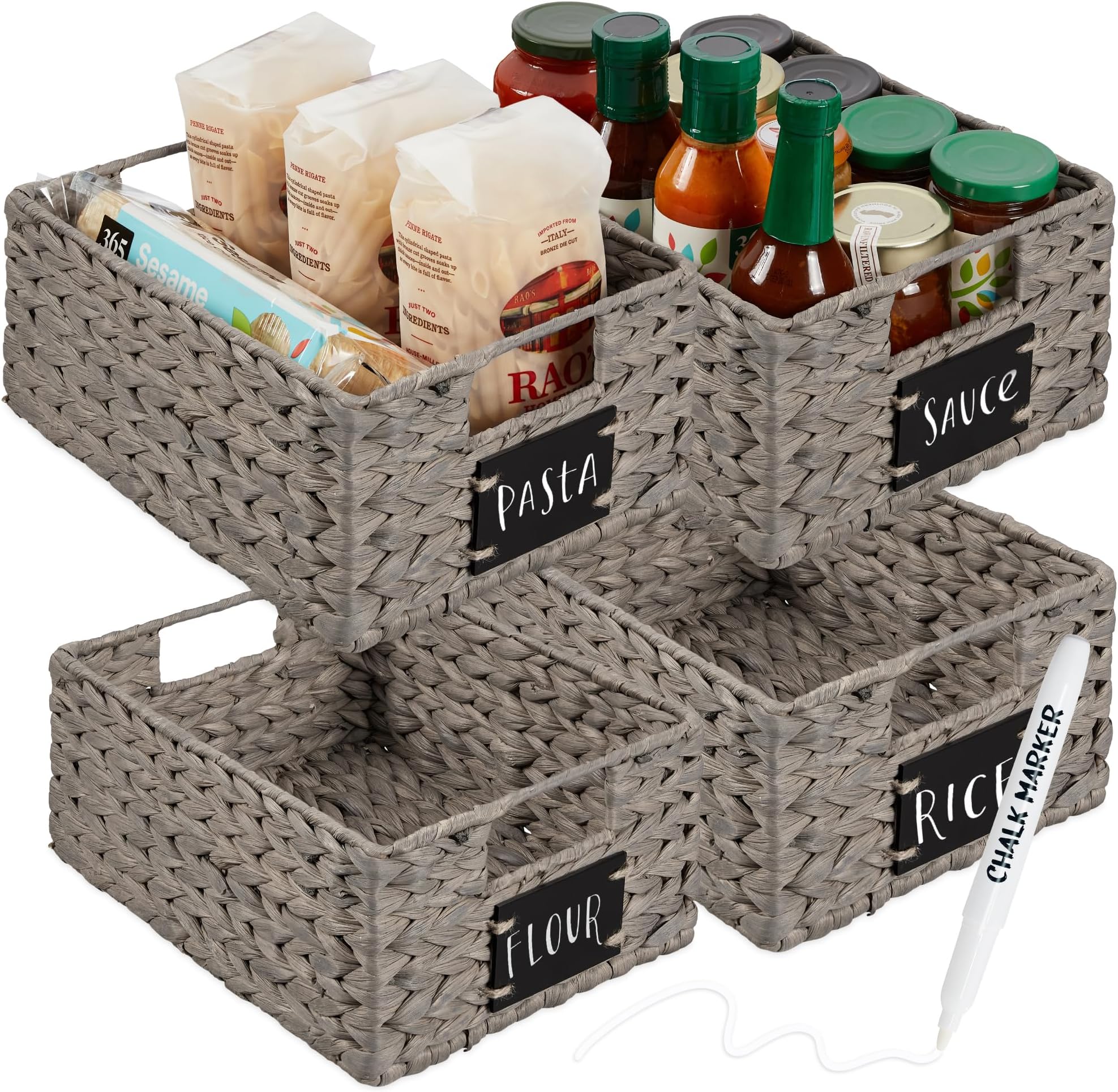 Best Choice Products Set of 4 9x12in Water Hyacinth Pantry Baskets, Woven Organizers w/Chalkboard Label, Chalk Marker - Gray