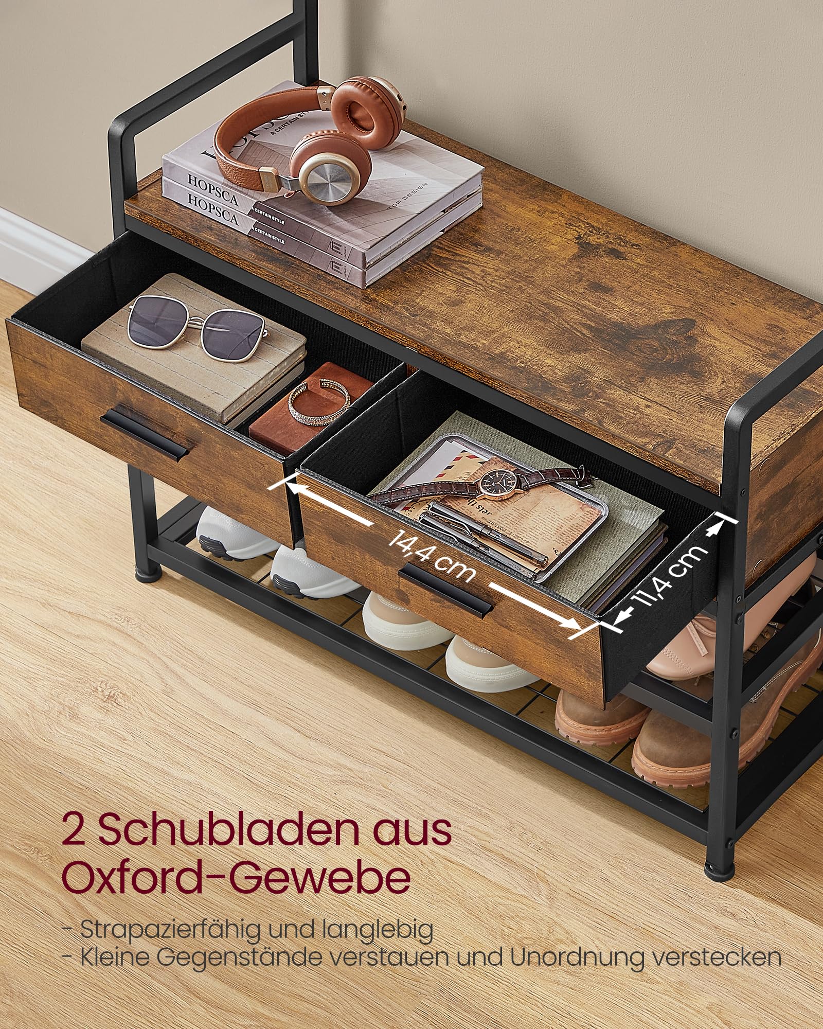 VASAGLE Garderobenständer mit Schuhbank, Garderobe, Schuhaufbewahrung, 2 Schubladen aus Stoff, 10 Haken, 6 seitliche Haken, 30 x 80,4 x 181,6 cm, vintagebraun-tintenschwarz HSR429B01