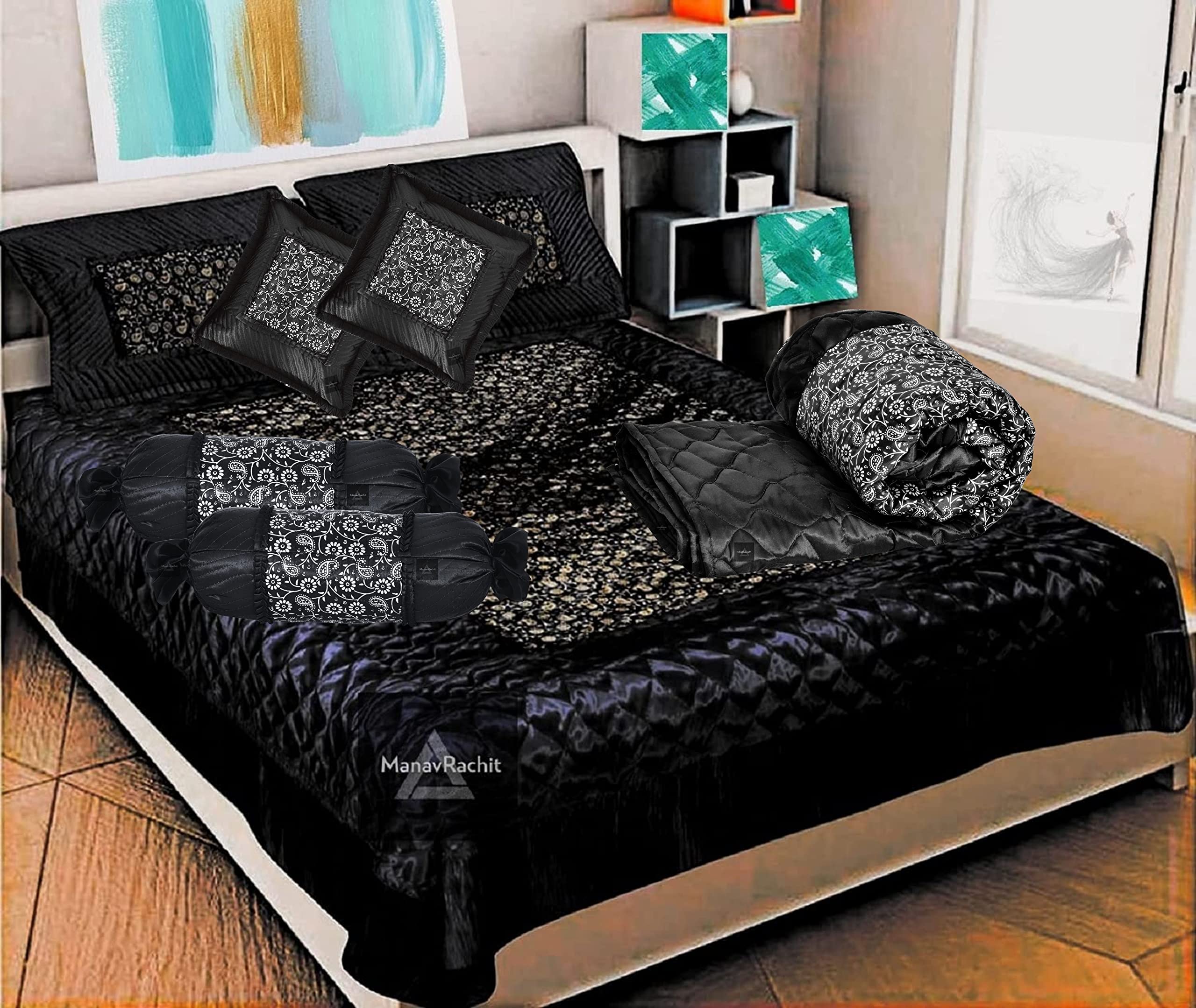 Satin Gold Printed 310 TC Double Bed Wedding Bedding Set - 8 Pieces - for Home & Living Room - Jaal Print, Black